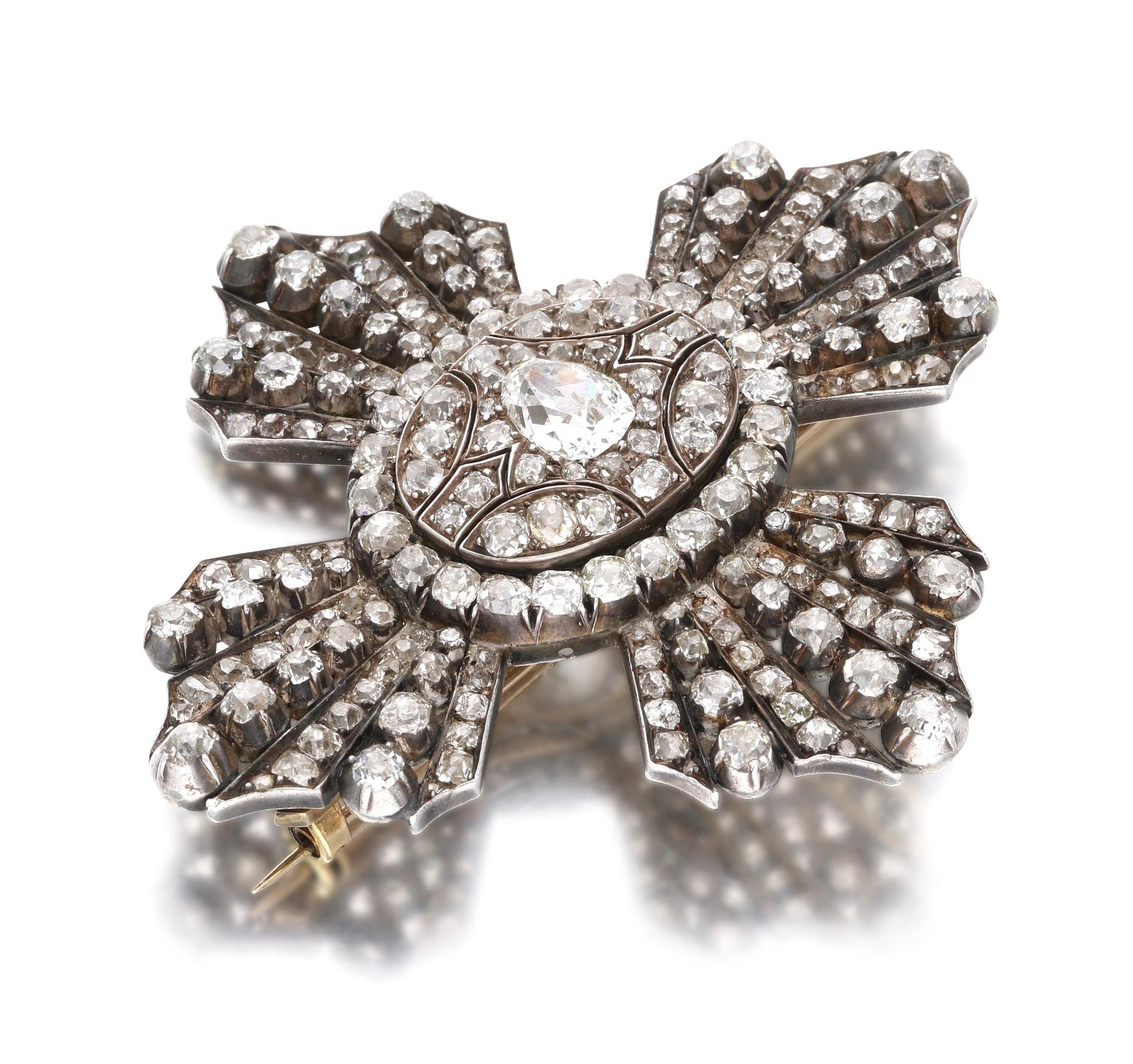 Gold and Silver Diamond Maltese Cross Brooch For Sale at 1stDibs