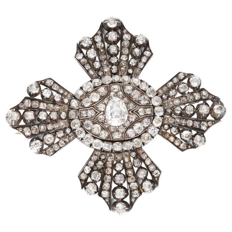 Gold and Silver Diamond Maltese Cross Brooch For Sale at 1stDibs