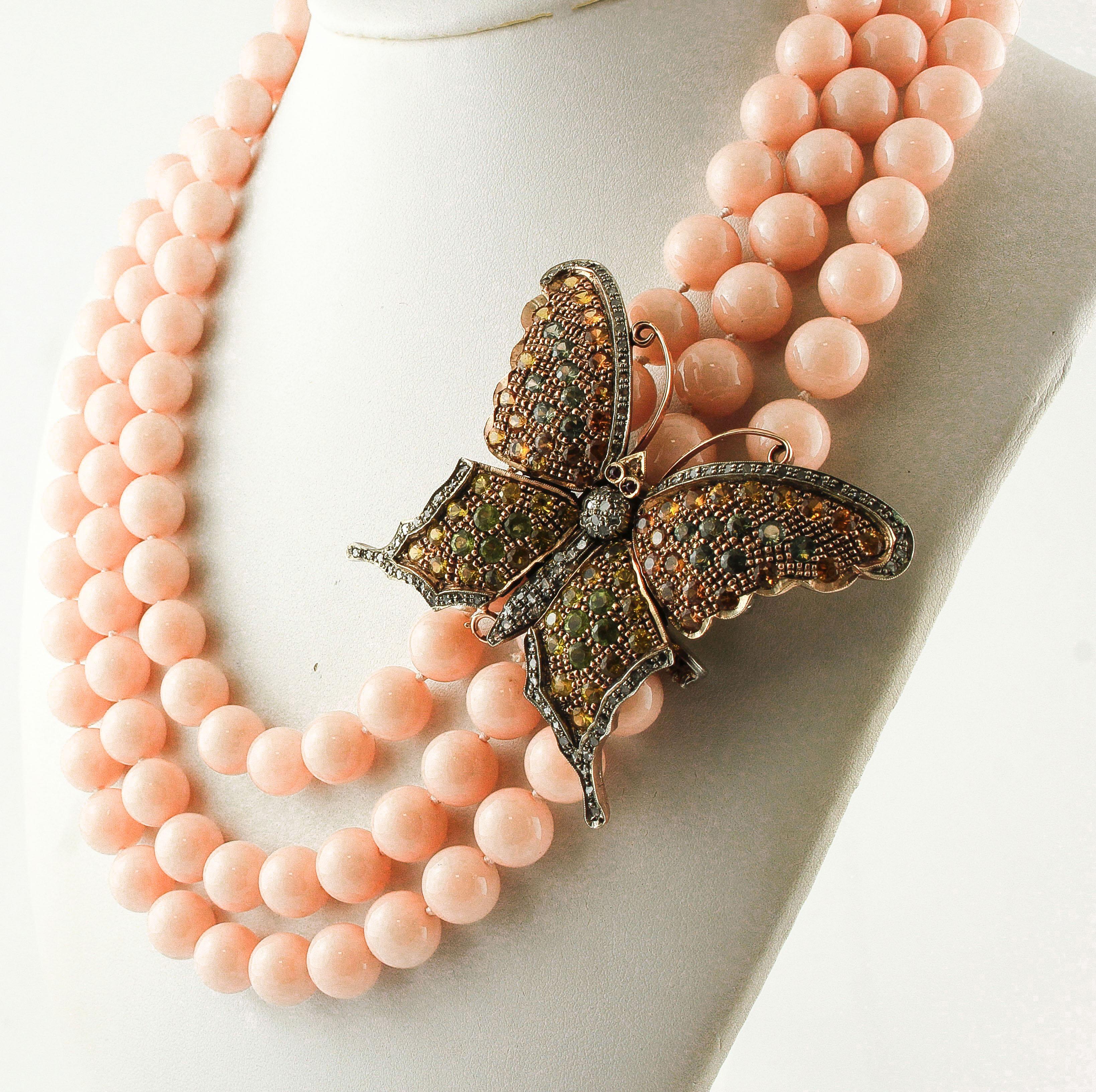 Halskette aus Roségold und Silber mit Diamanten, mehrfarbigem Saphir und rosa Steinen und Perlen (Rundschliff) im Angebot