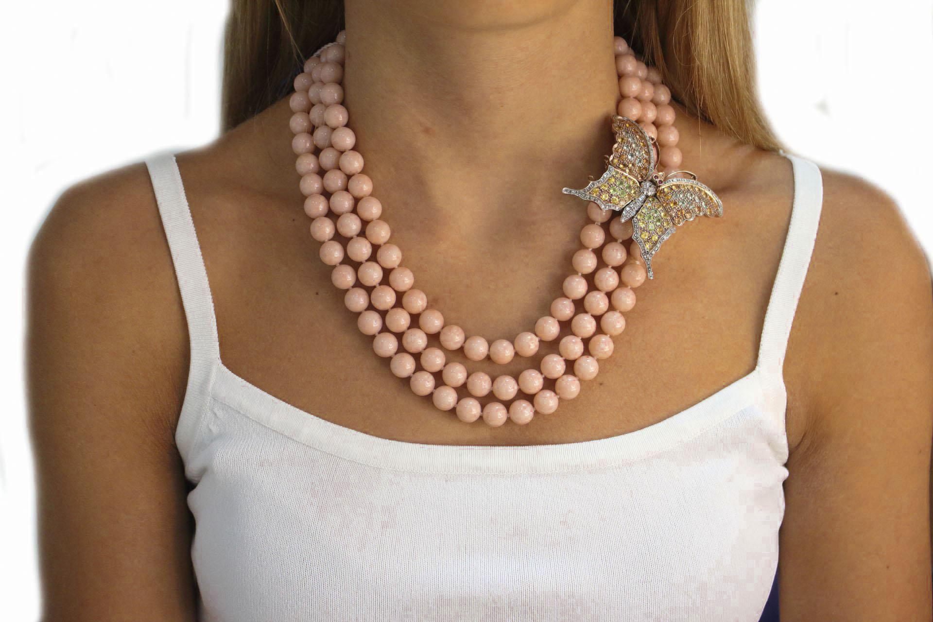 Halskette aus Roségold und Silber mit Diamanten, mehrfarbigem Saphir und rosa Steinen und Perlen Damen im Angebot