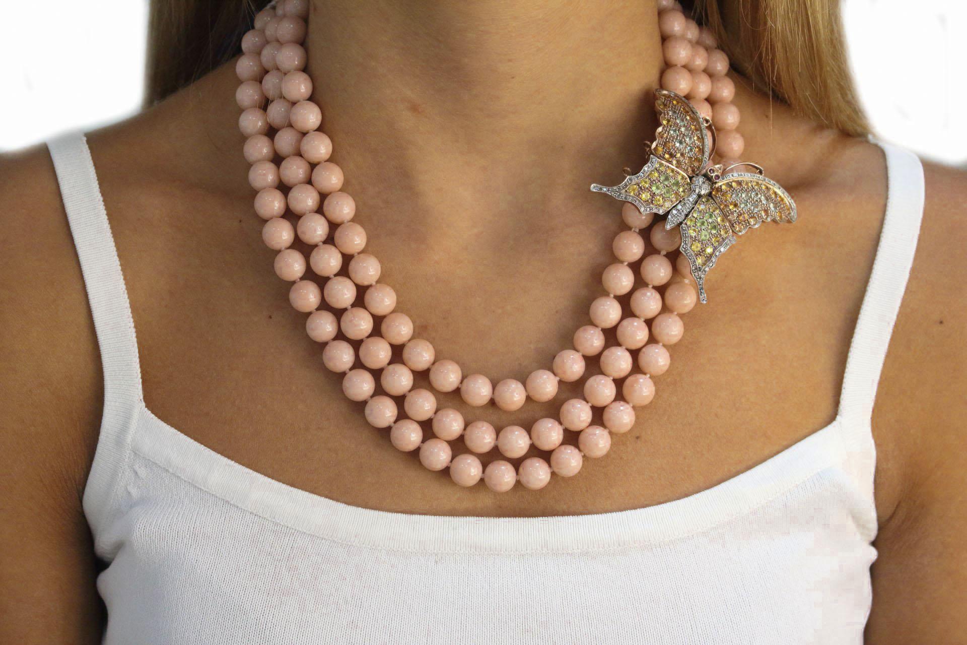Halskette aus Roségold und Silber mit Diamanten, mehrfarbigem Saphir und rosa Steinen und Perlen im Angebot 1