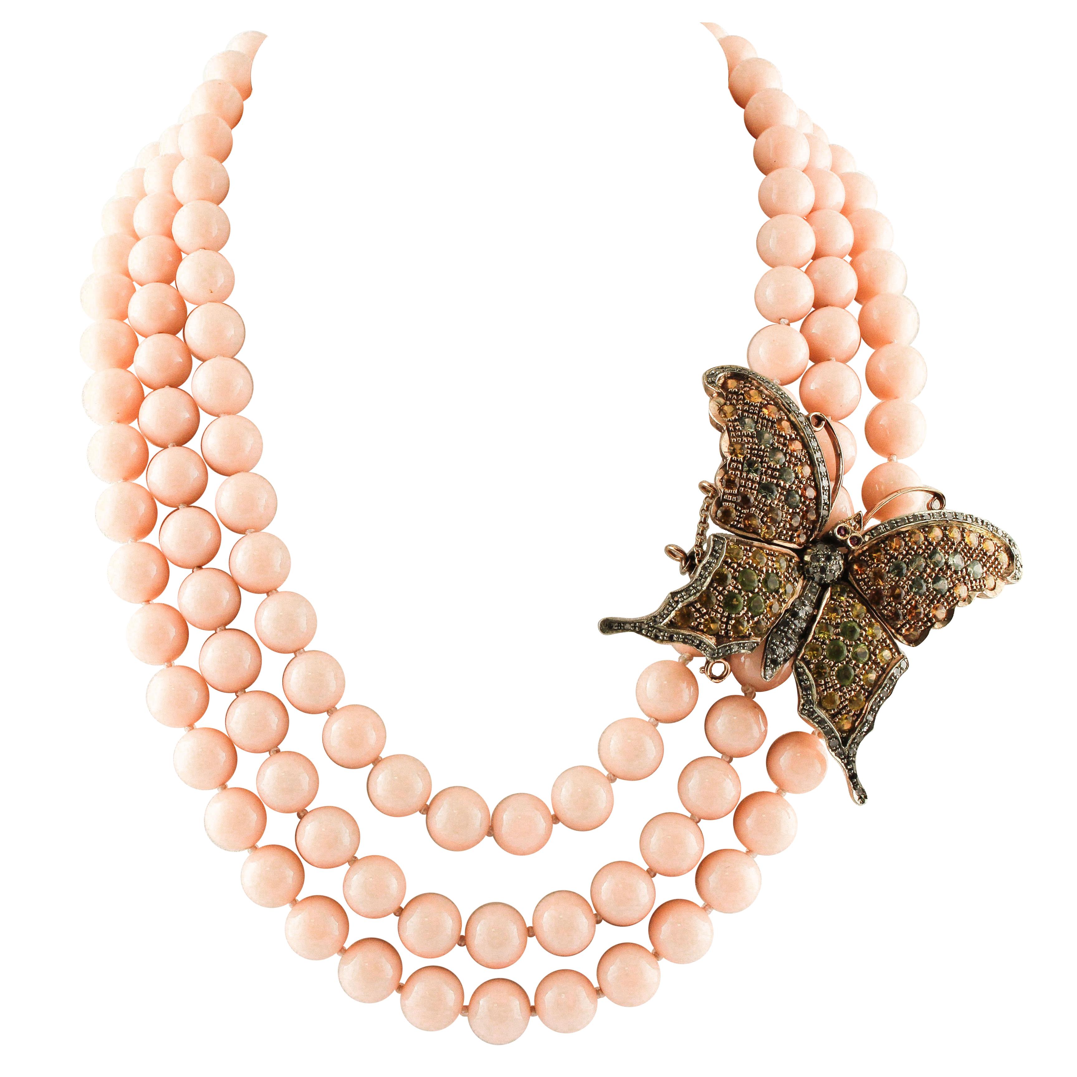 Halskette aus Roségold und Silber mit Diamanten, mehrfarbigem Saphir und rosa Steinen und Perlen im Angebot