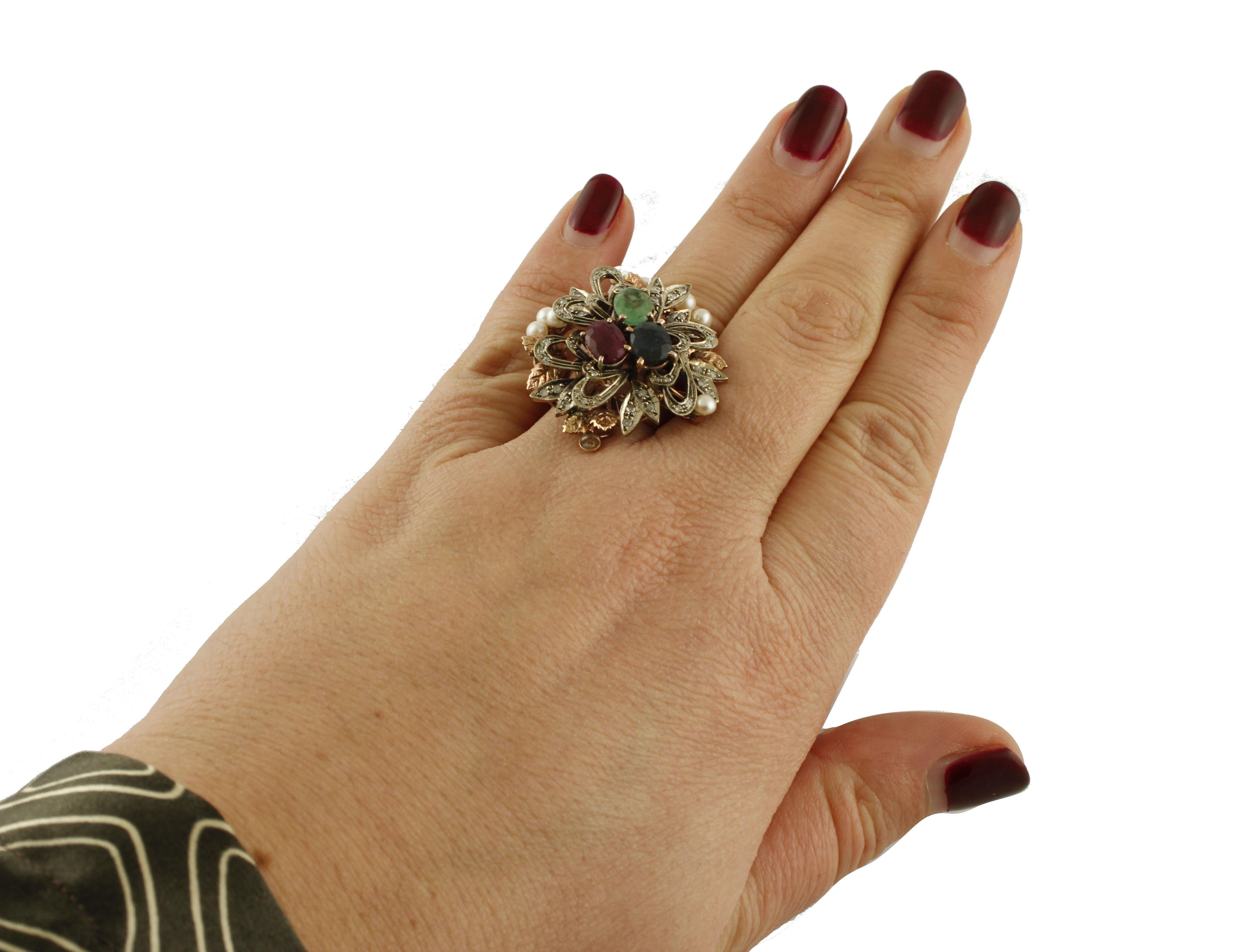 Mixed Cut  Gold Silver Diamond Sapphire Ruby Emerald Pearl Cluster Ring