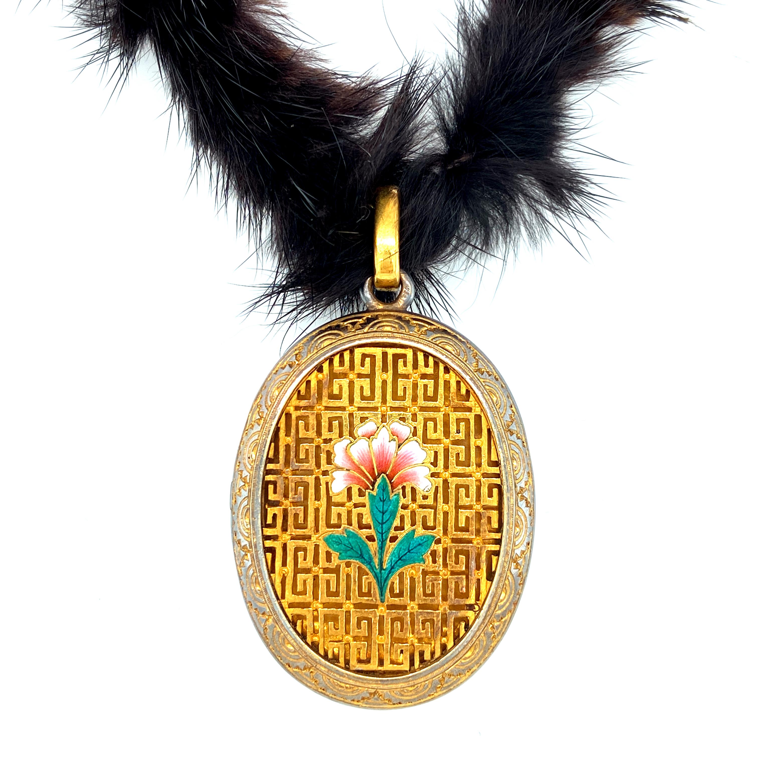 Artisan 18kt Gold and Silver Diamond Set Enamel Dragon and Lotus Flower Pendant Locket For Sale