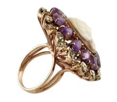 Gold Silver Diamond Topaz Amethyst Cameo Cocktail Ring