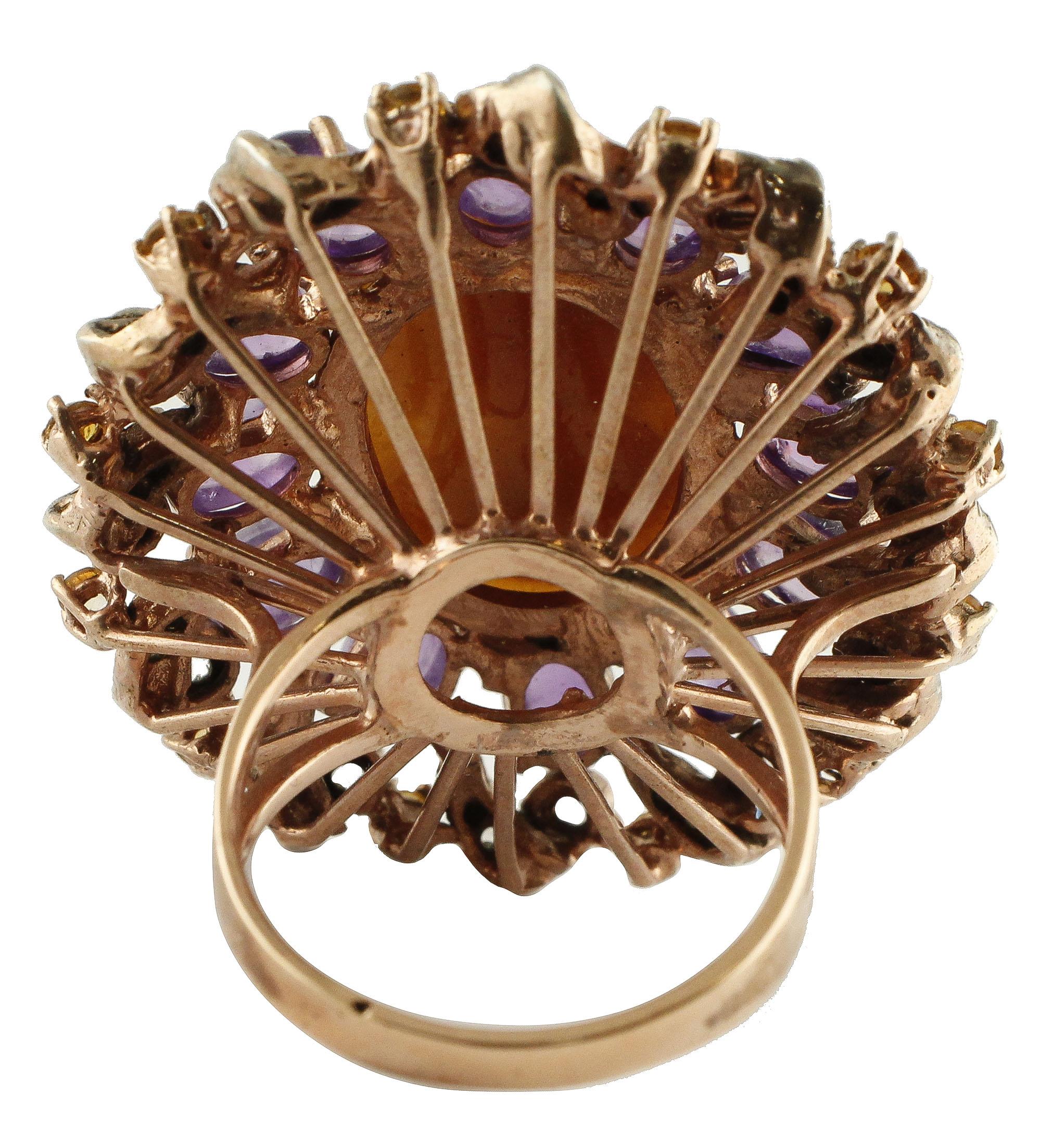 Retro Gold Silver Diamond Topaz Amethyst Cameo Cocktail Ring For Sale