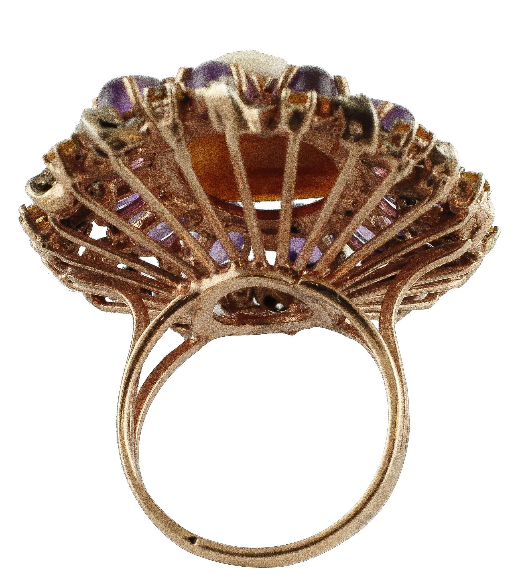 Mixed Cut Gold Silver Diamond Topaz Amethyst Cameo Cocktail Ring For Sale