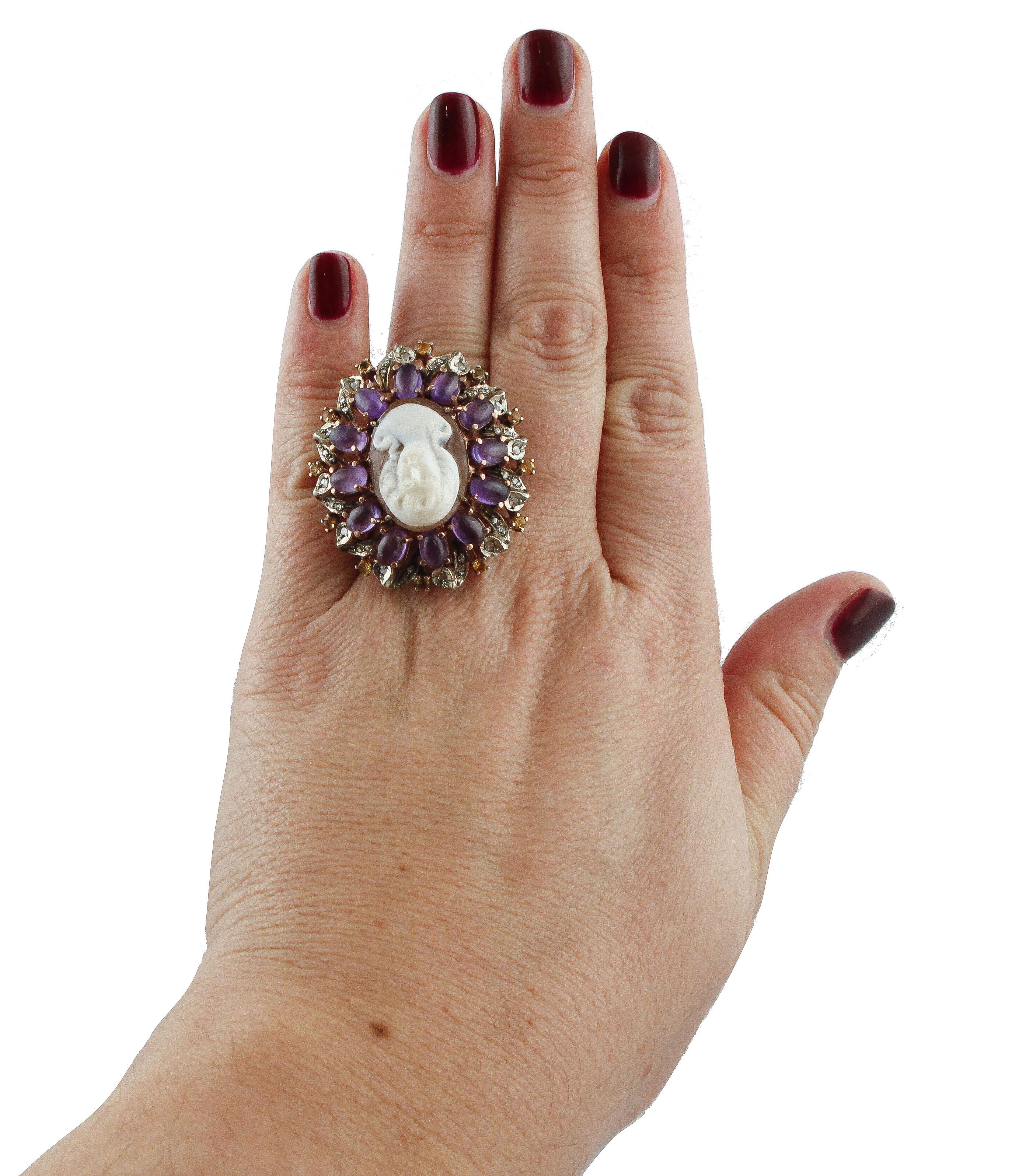 Gold Silver Diamond Topaz Amethyst Cameo Cocktail Ring In Good Condition For Sale In Marcianise, Marcianise (CE)