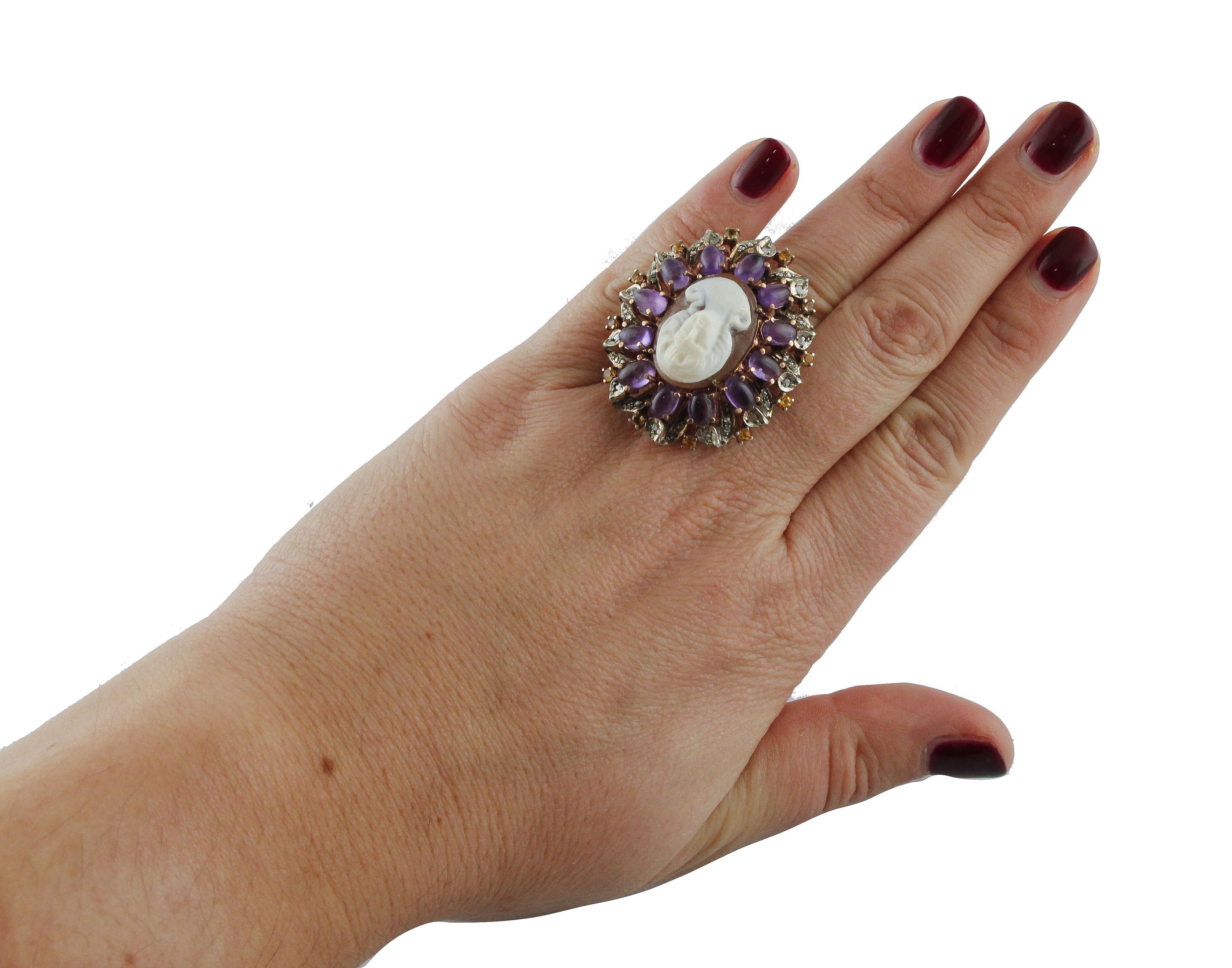Women's Gold Silver Diamond Topaz Amethyst Cameo Cocktail Ring For Sale