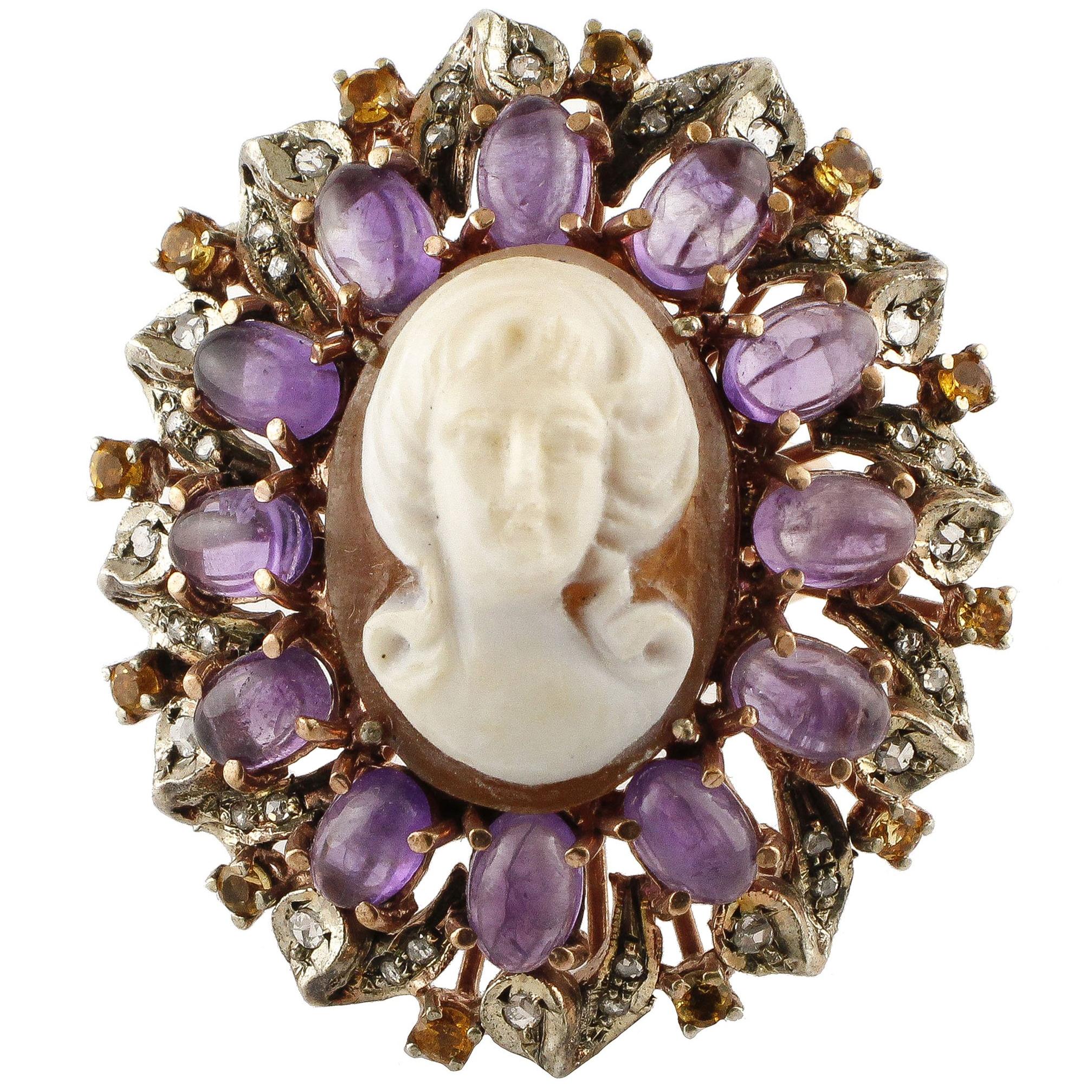 Gold Silver Diamond Topaz Amethyst Cameo Cocktail Ring