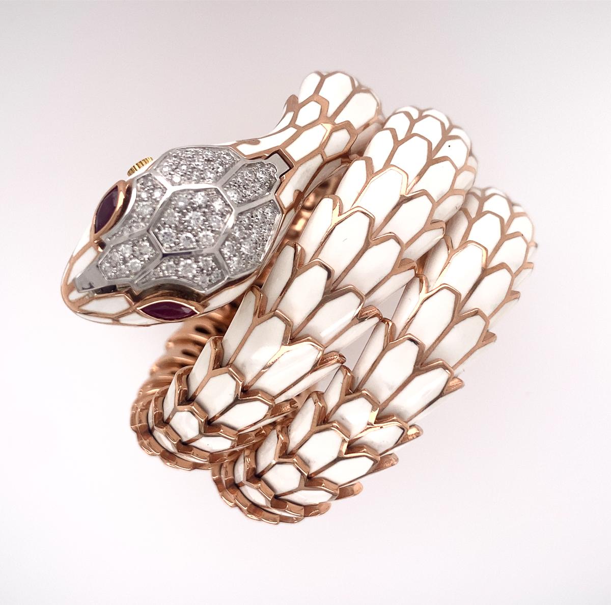 Modern Gold Silver Enamel Ruby and Diamond Bangle Watch, Italy