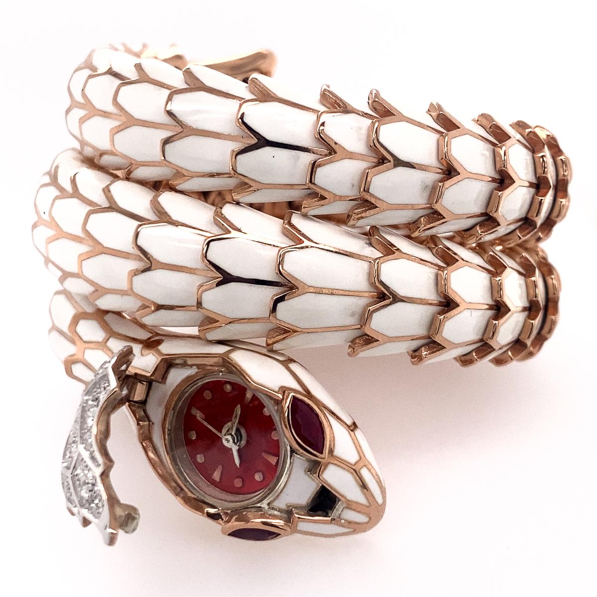 Round Cut Gold Silver Enamel Ruby and Diamond Bangle Watch, Italy