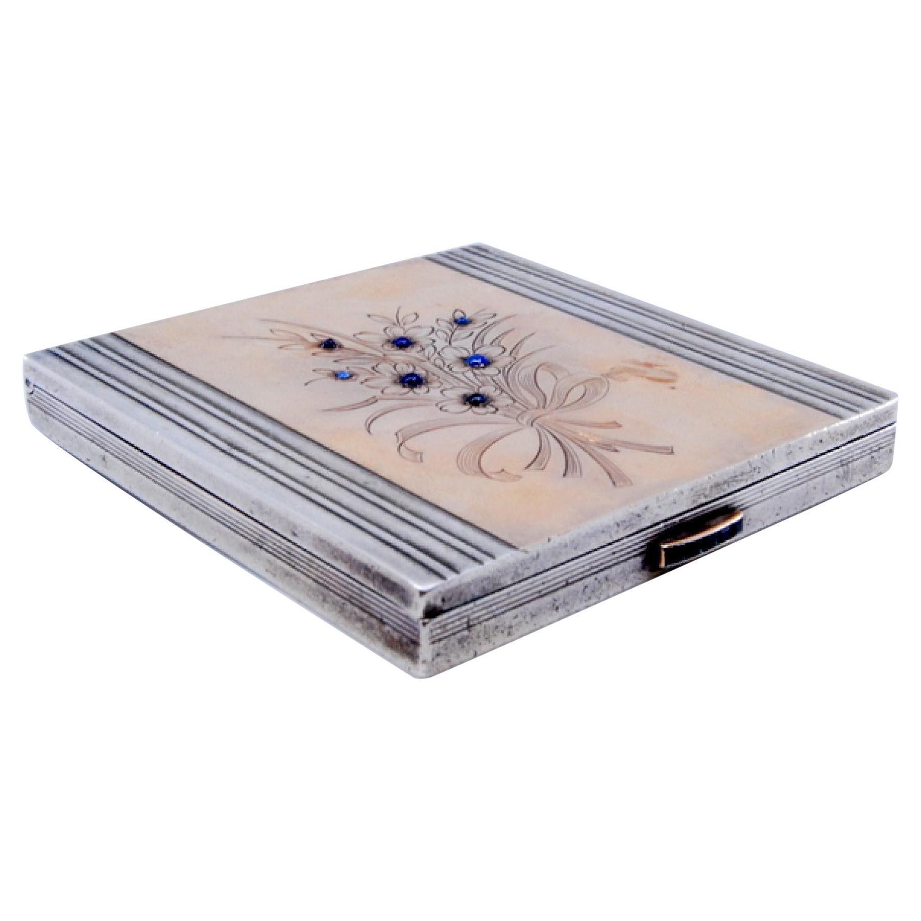 Gold-silver fluted toiletry box with flowers and blue crystals