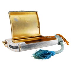 Gold & silver matchbox & snuffbox w/ hinged lid & blue cabochon on the clasp