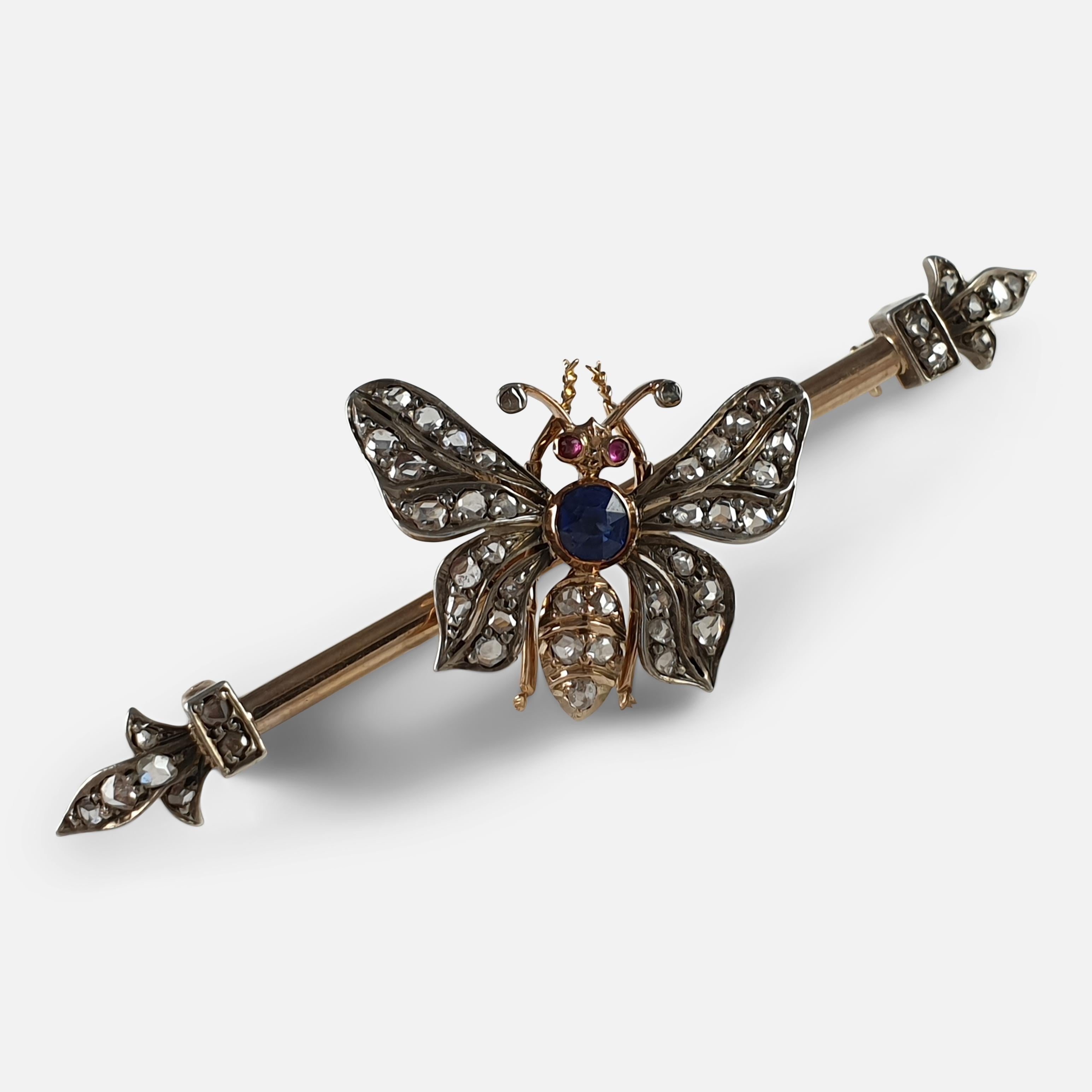 Late Victorian Gold, Silver, Ruby, Sapphire, and Diamond Butterfly Brooch, circa 1895