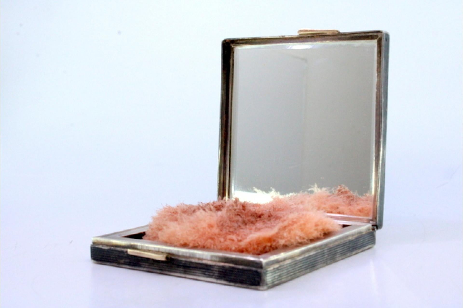 20th Century Gold-silver toiletry box with beading, dog relief and mirror For Sale