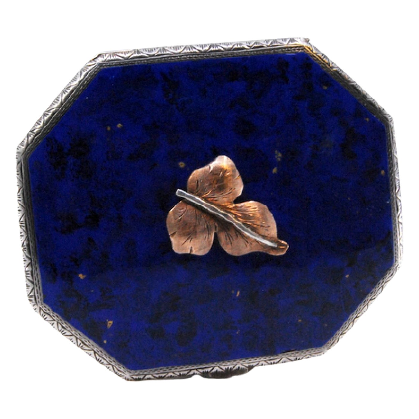 Gold 
silver toiletry box with blue enamel flower 
interior mirror For Sale