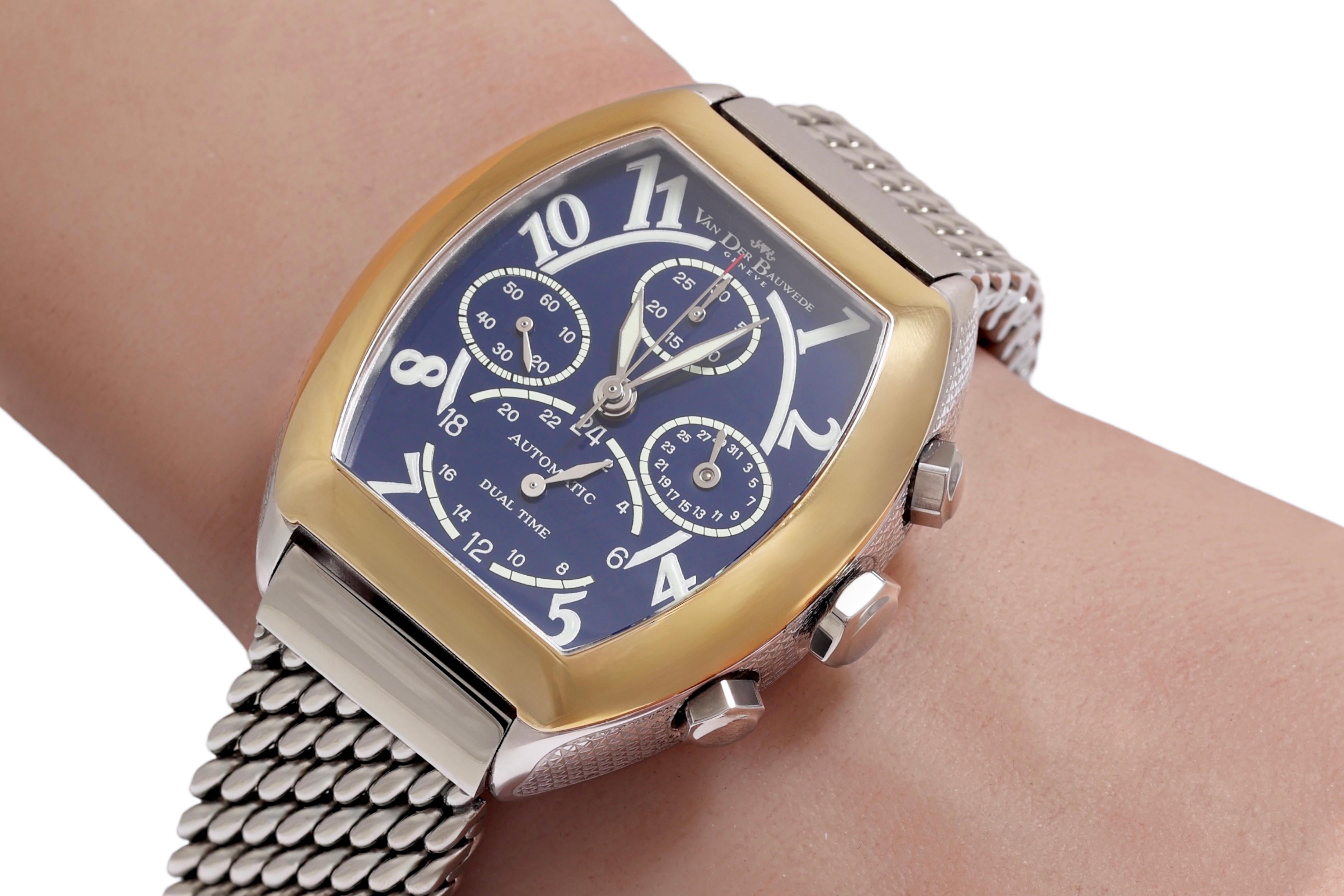 Gold & Silver Van Der Bauwede Dual Time Automatic Chronograph Wrist Watch BNIB For Sale 9