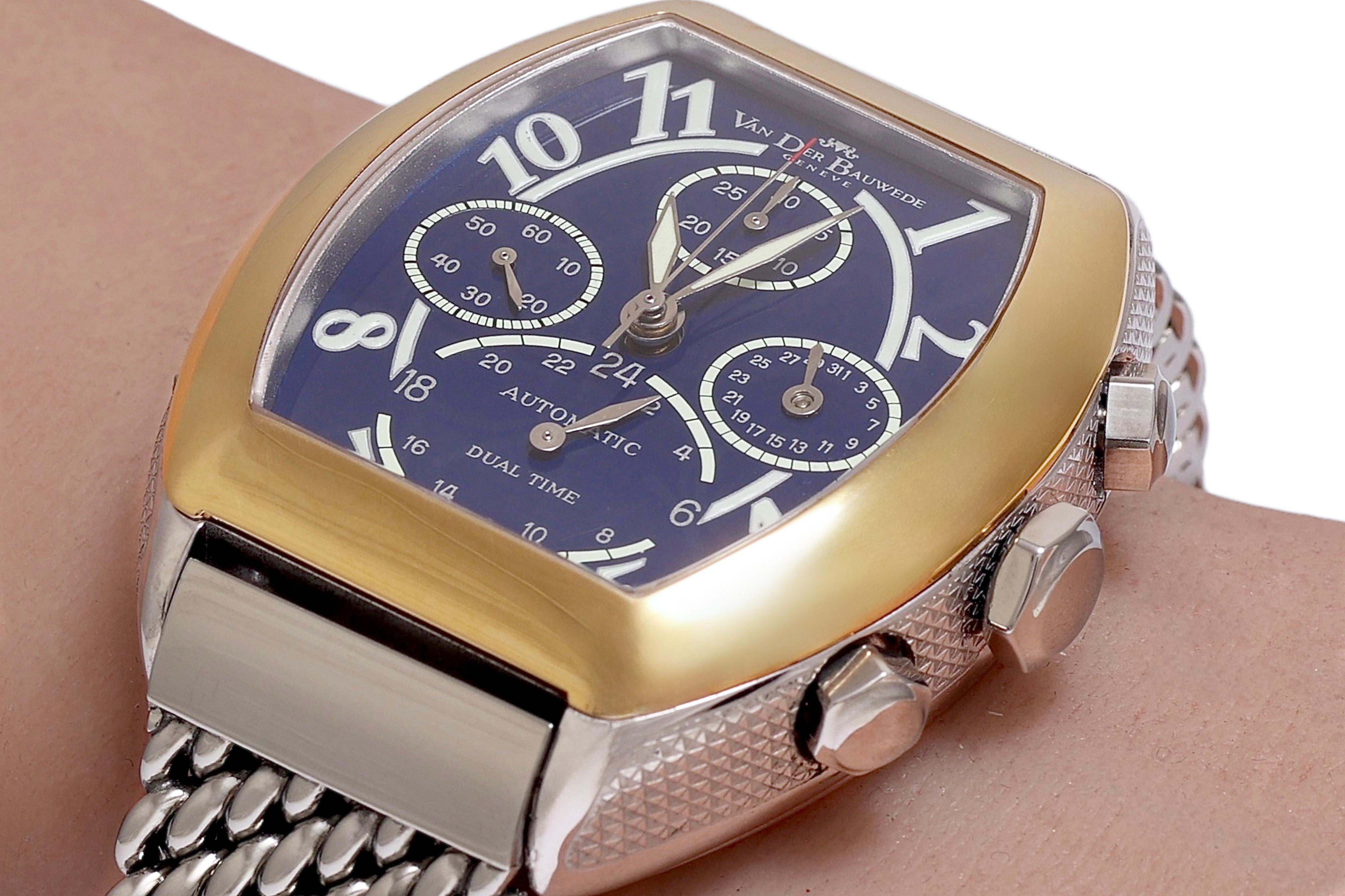 Gold & Silver Van Der Bauwede Dual Time Automatic Chronograph Wrist Watch BNIB For Sale 10