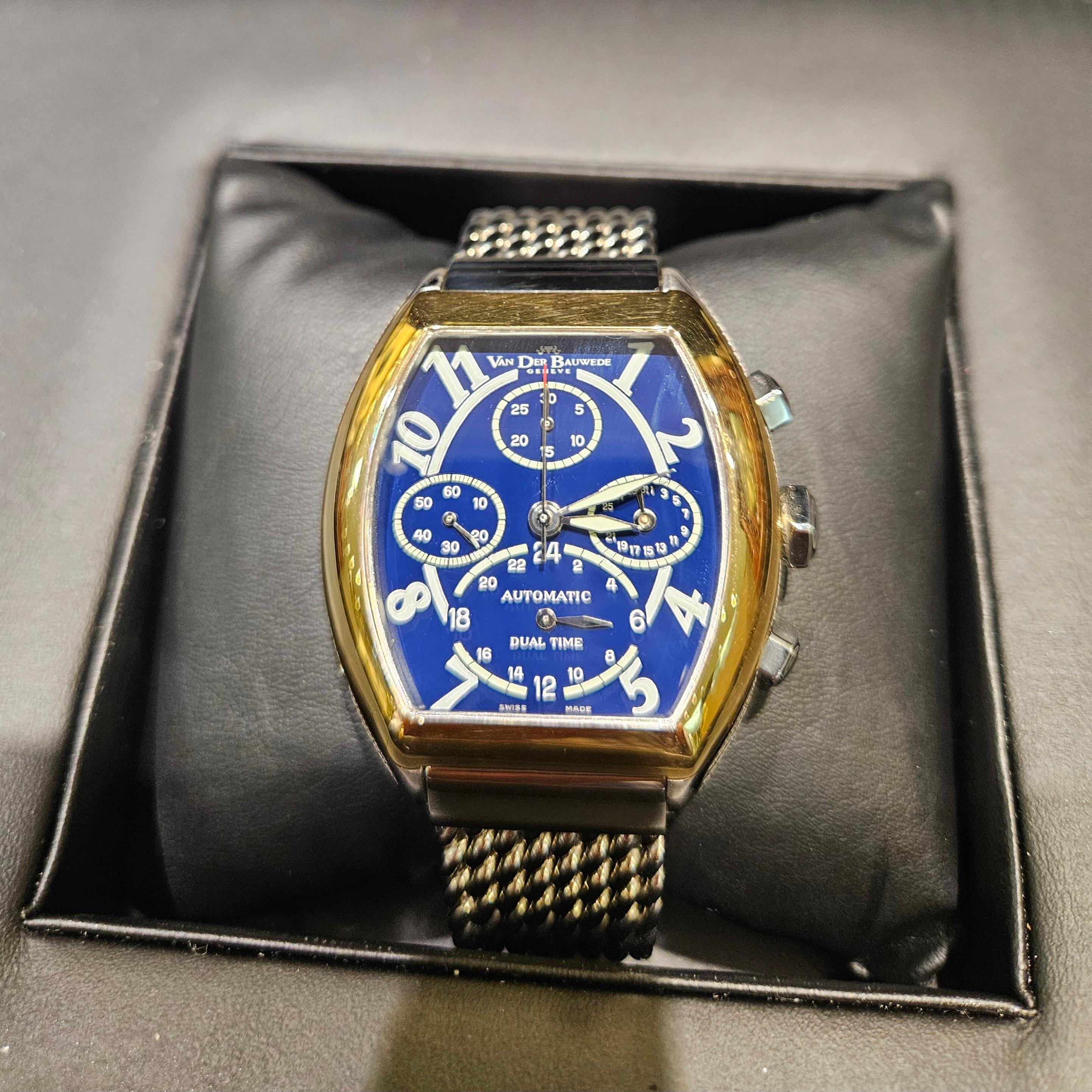 Gold & Silver Van Der Bauwede Dual Time Automatic Chronograph Wrist Watch BNIB For Sale 11