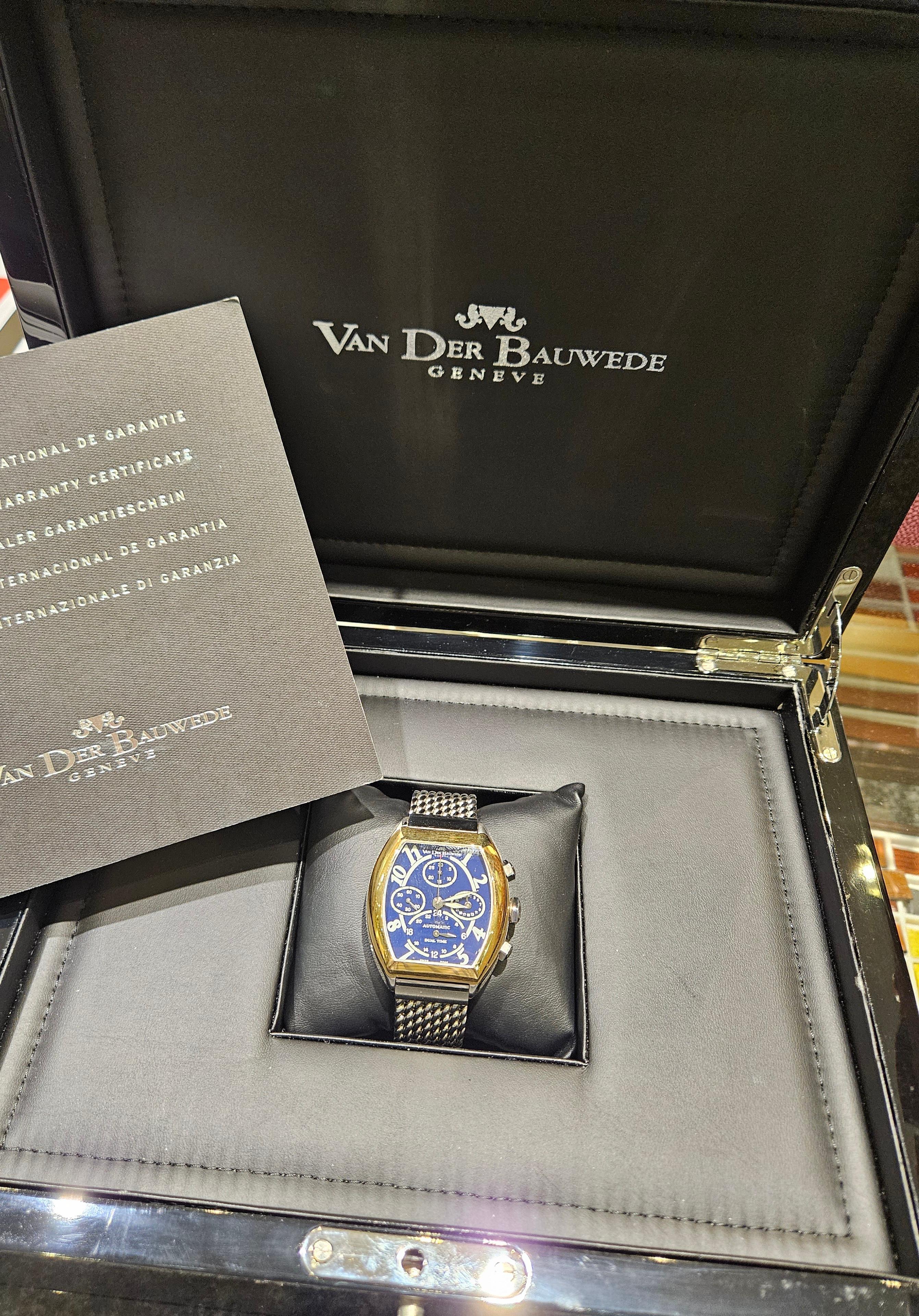 Gold & Silver Van Der Bauwede Dual Time Automatic Chronograph Wrist Watch BNIB For Sale 12