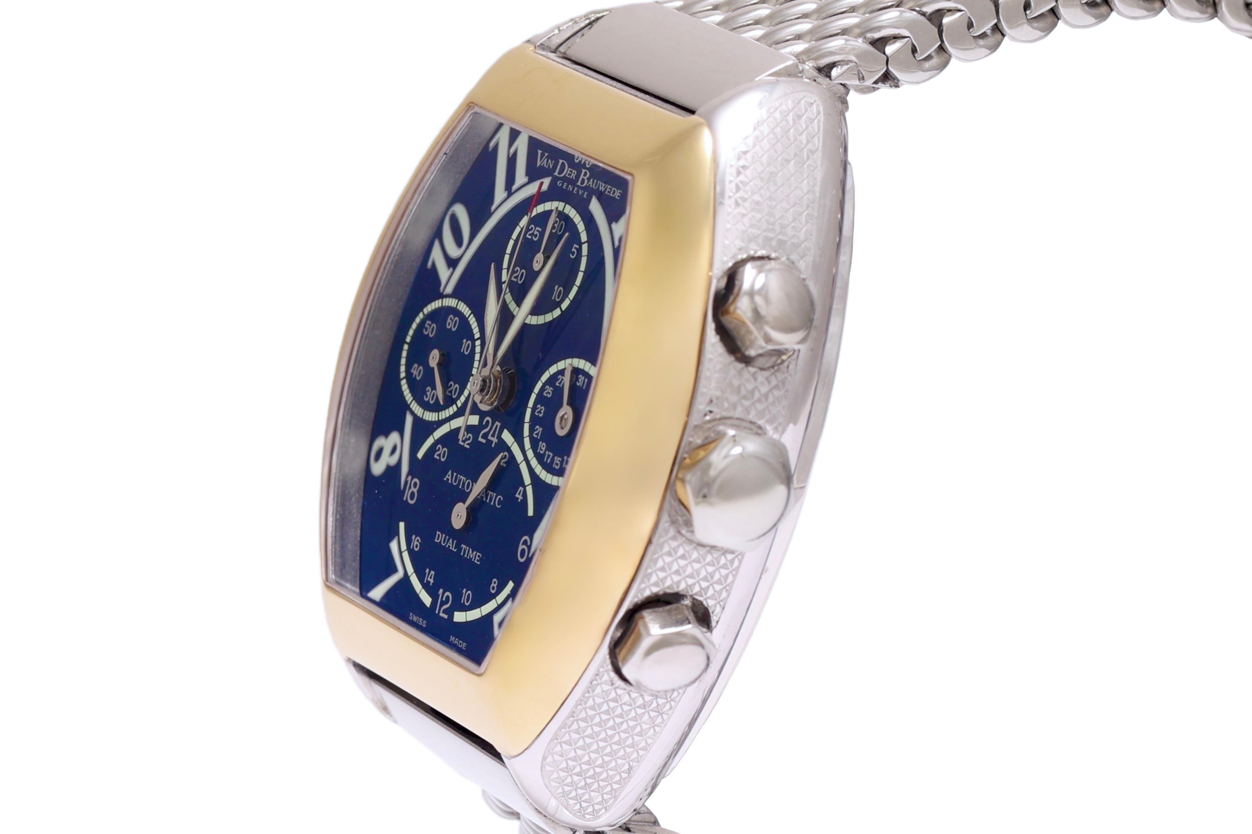 Modern Gold & Silver Van Der Bauwede Dual Time Automatic Chronograph Wrist Watch BNIB For Sale