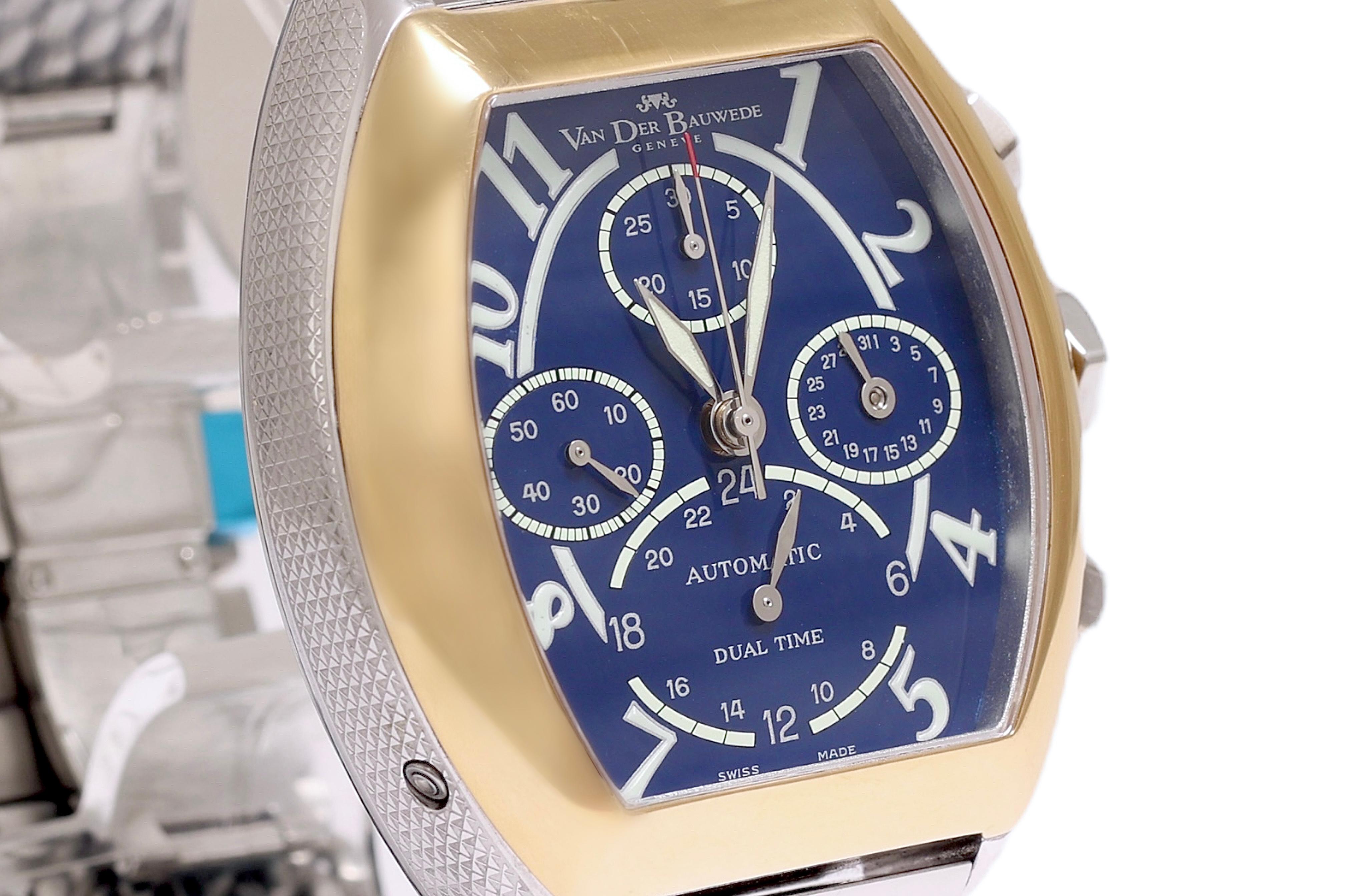 Gold & Silver Van Der Bauwede Dual Time Automatic Chronograph Wrist Watch BNIB In New Condition For Sale In Antwerp, BE