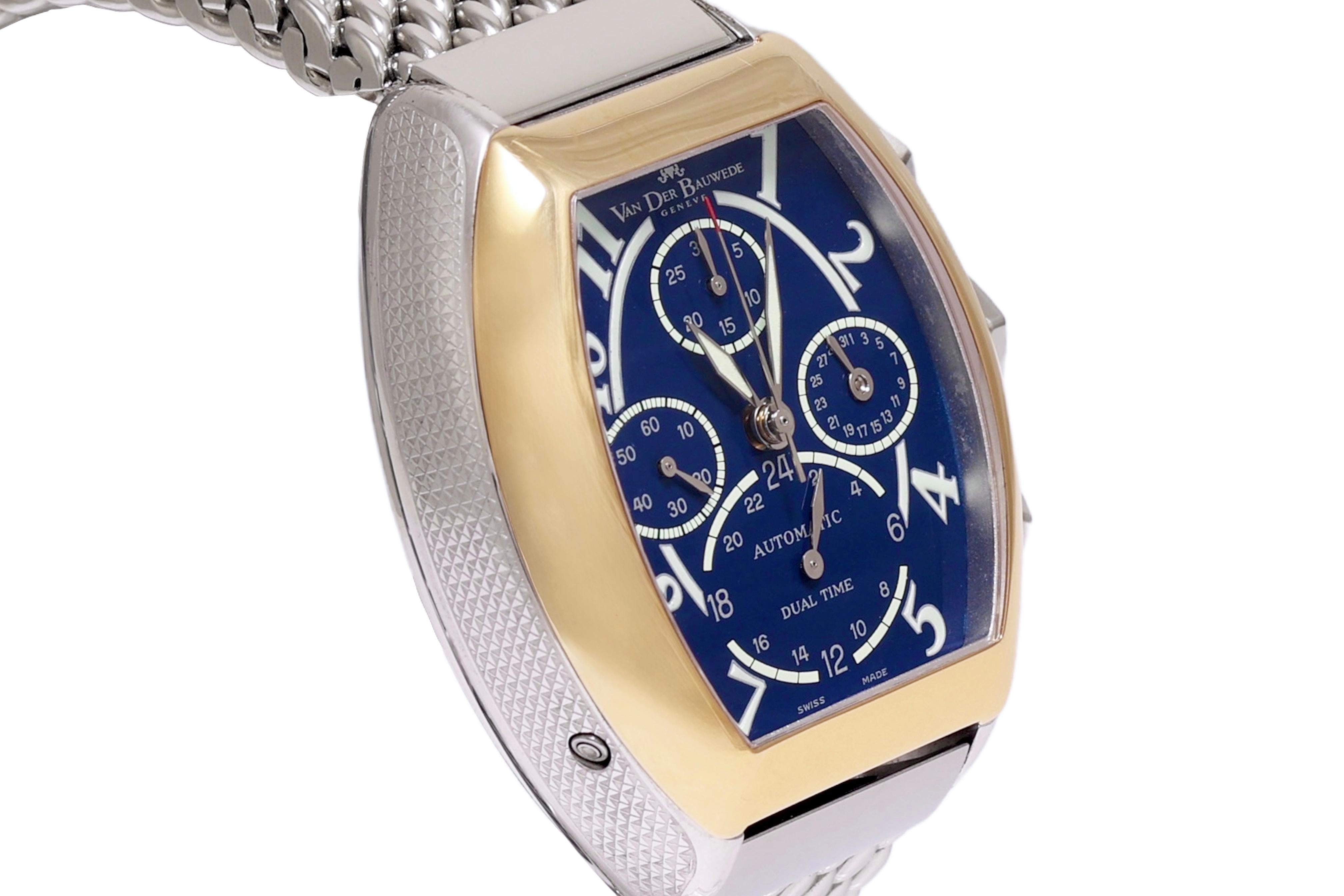 Women's or Men's Gold & Silver Van Der Bauwede Dual Time Automatic Chronograph Wrist Watch BNIB For Sale