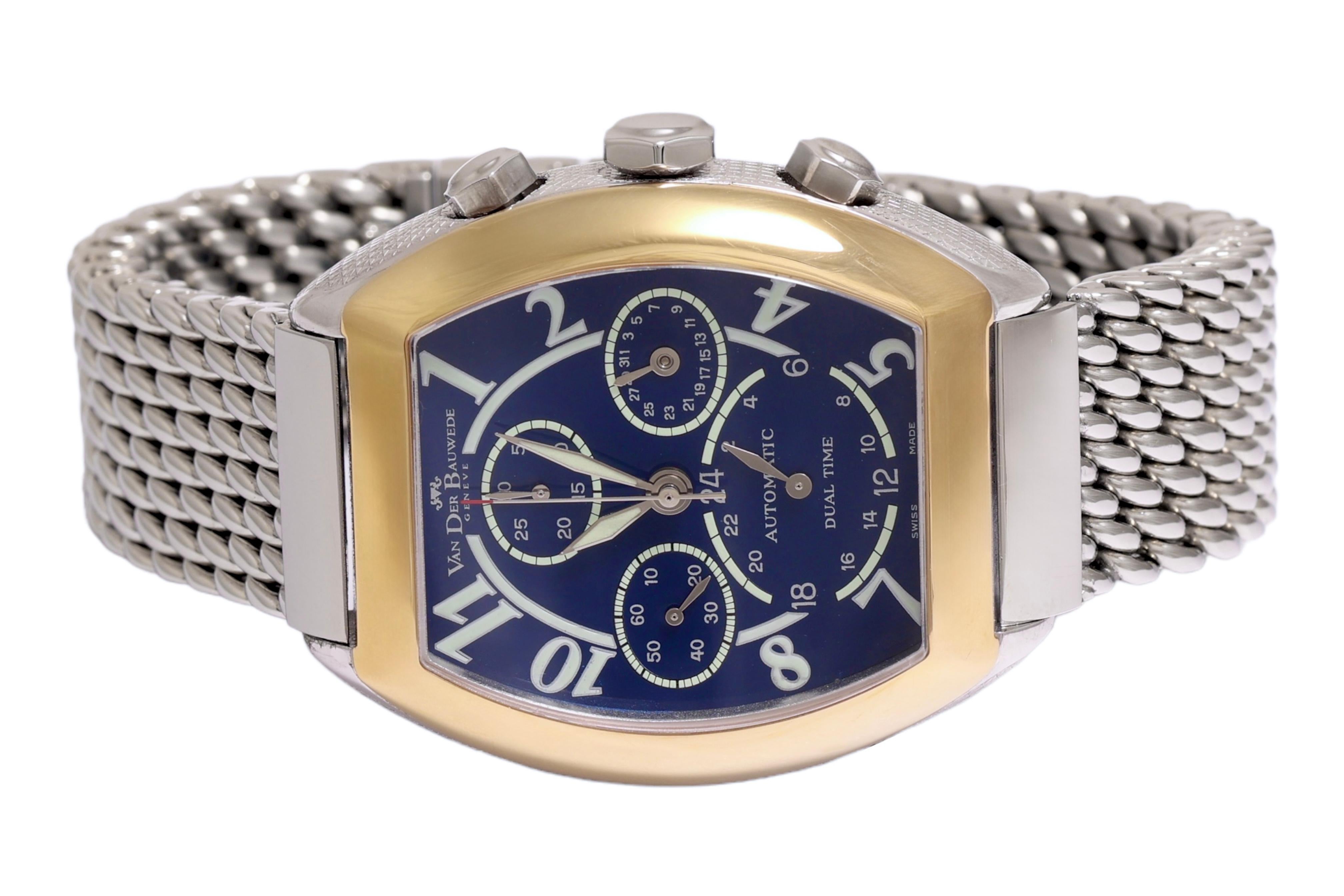 Gold & Silver Van Der Bauwede Dual Time Automatic Chronograph Wrist Watch BNIB For Sale 1