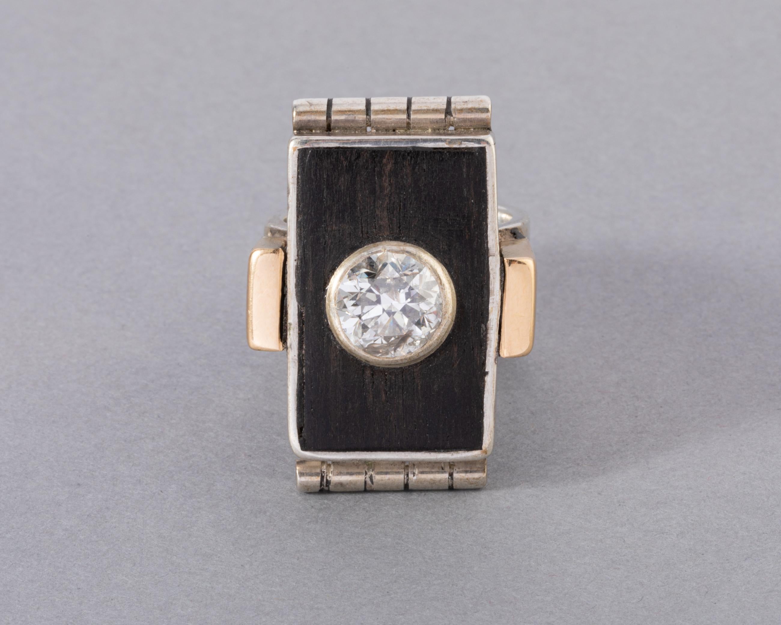 Old European Cut Gold Silver Wood and 1.80 Carats Diamond Art Deco Ring by Jean Desprès For Sale