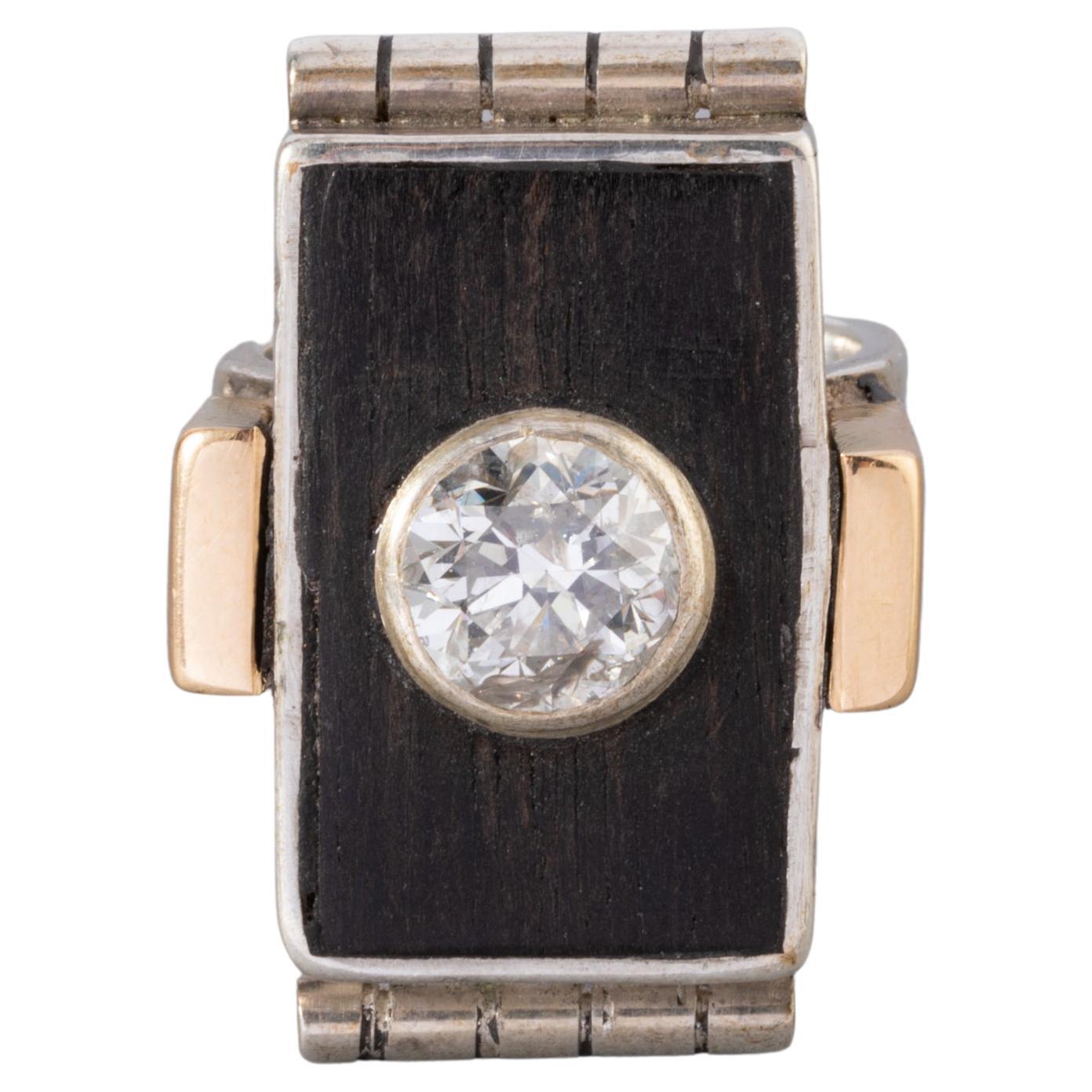 Gold Silver Wood and 1.80 Carats Diamond Art Deco Ring by Jean Desprès For Sale