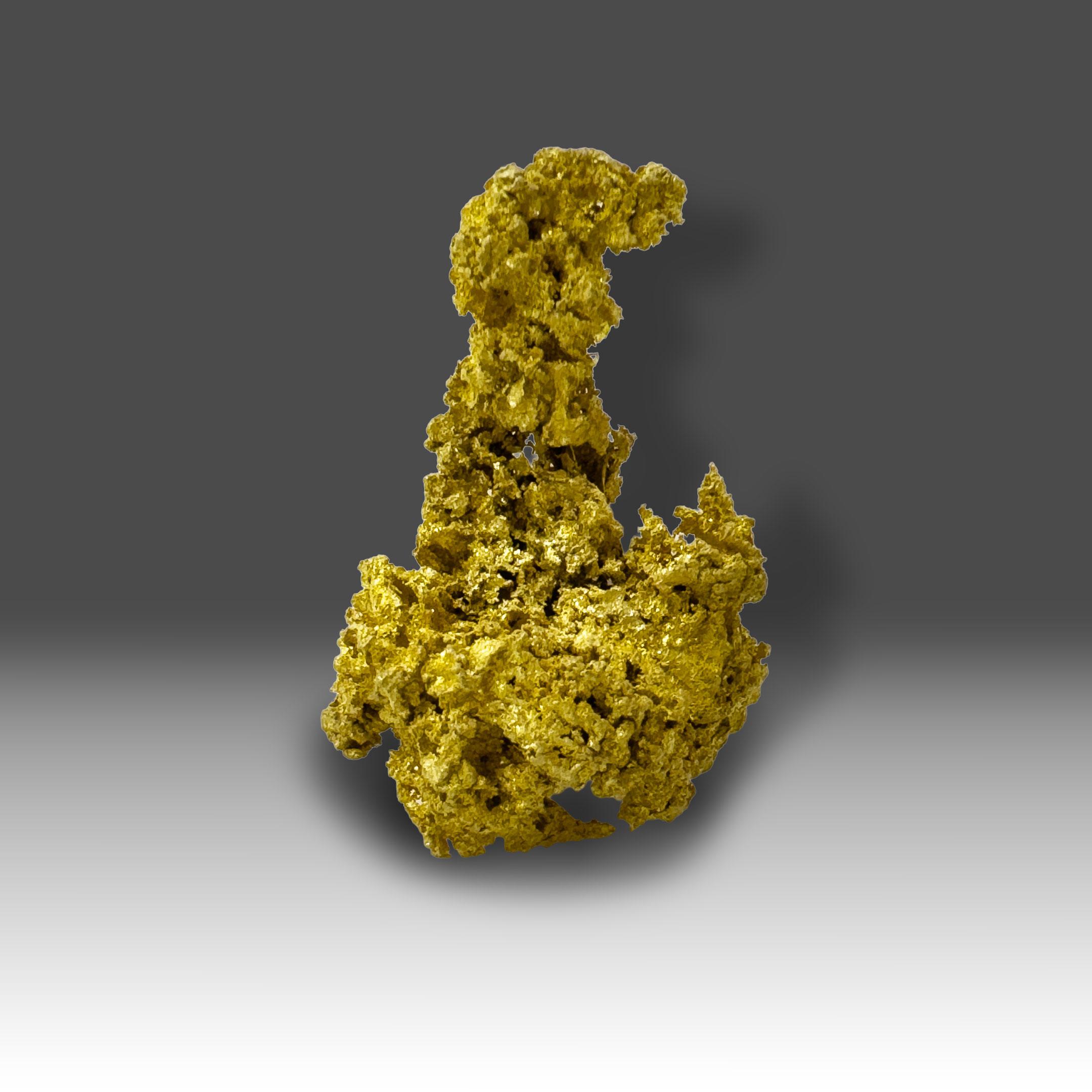 This exquisite and substantial California Gold crystal captures the refined beauty and natural complexity of true crystallized native gold. With its upright, sculptural formation and rich metallic luster, the specimen reflects light with an