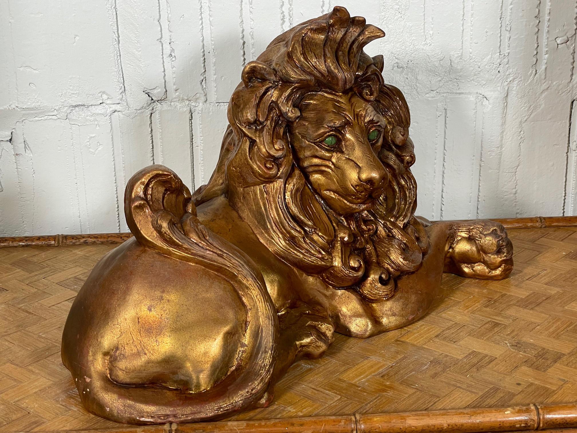 Hollywood Regency Gold Sitting Lion Statue with Jade Eyes by California Pottery
