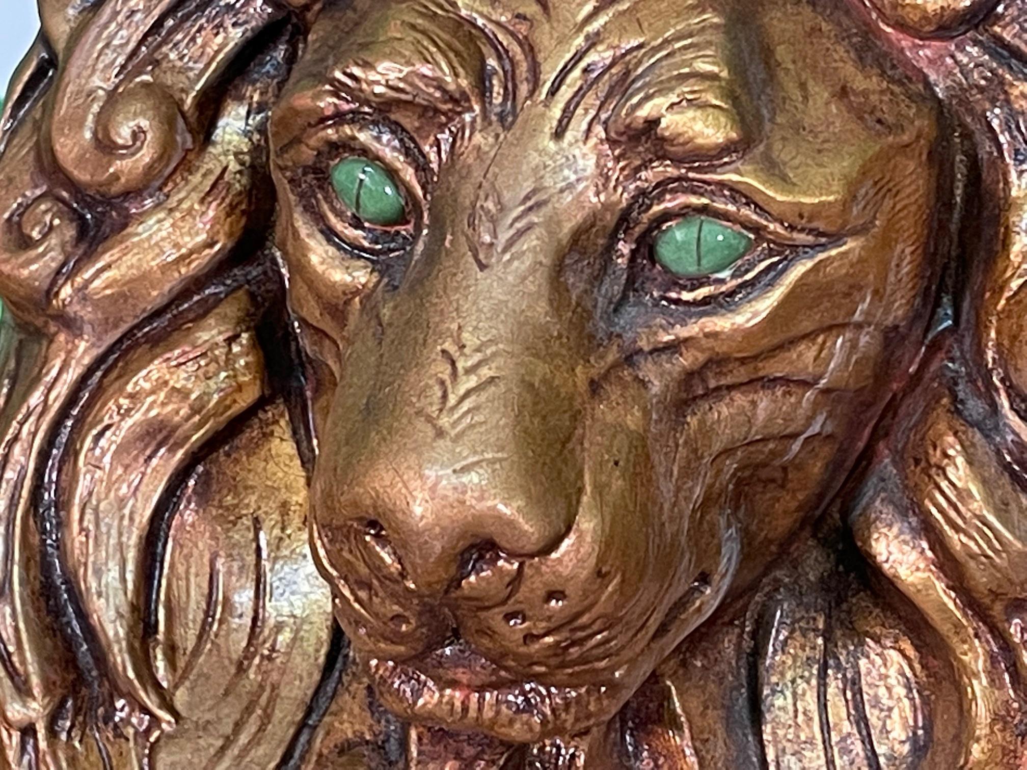 Hollywood Regency Gold Sitting Lion Statue with Jade Eyes by California Pottery