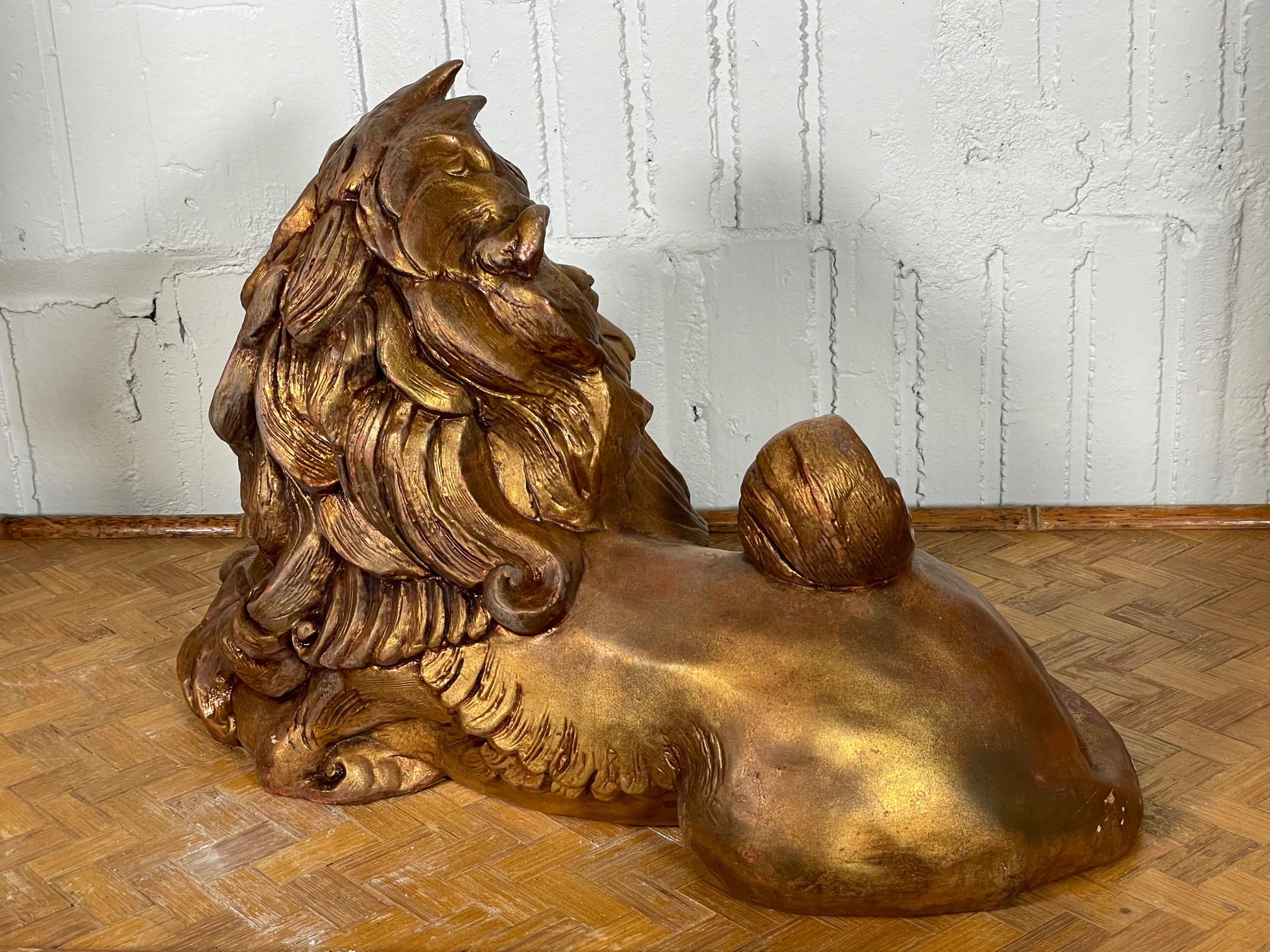 Late 20th Century Gold Sitting Lion Statue with Jade Eyes by California Pottery