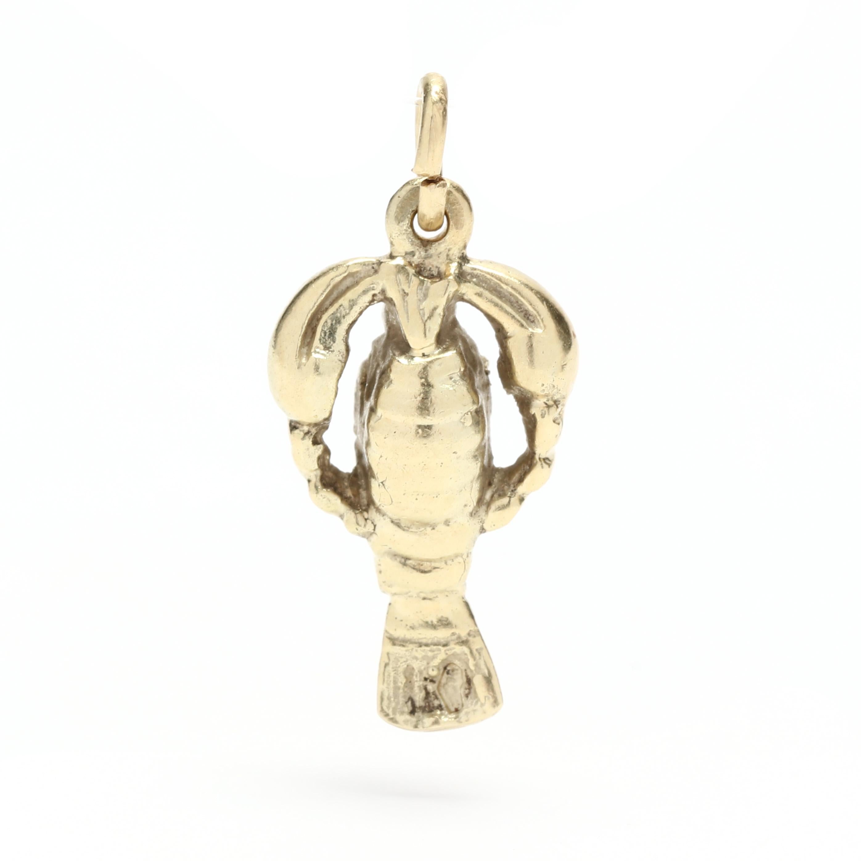 A vintage 14 karat yellow gold small lobster charm. This sea life charm features a lobster motif with engraved detailing and suspended from a thin bail.

Length: 3/4 in.

Width: 3/8 in.

Weight: 1.4 dwts. / 2.18 grams

Stamps: 585

Ring Sizings &