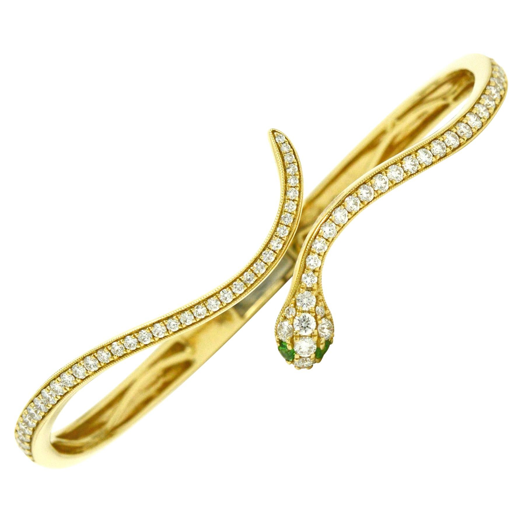 Gold Snake Bangle Bracelet Diamond Pave' 1.50 Carats Green Eyes Liz Taylor