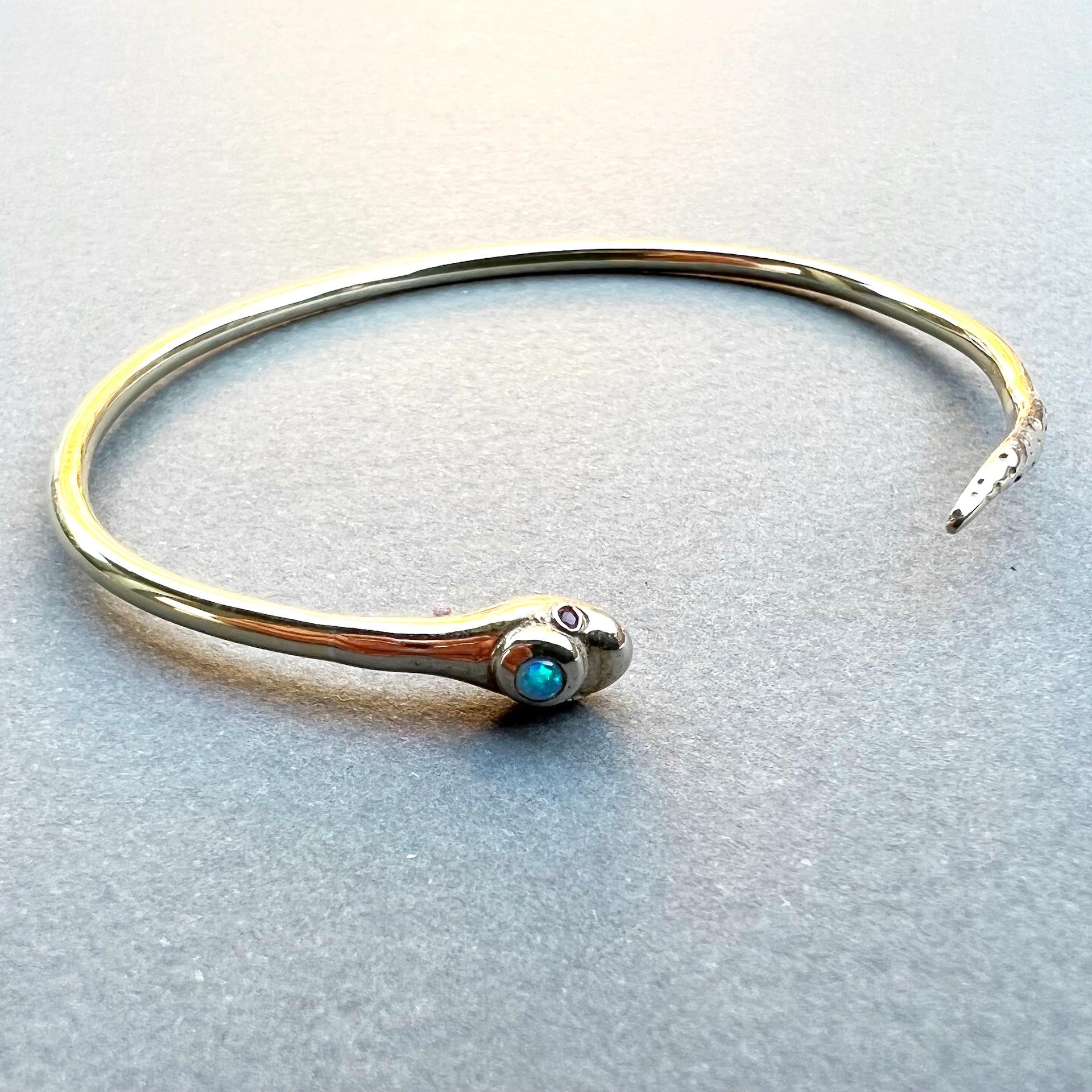 Gold Snake Bangle Bracelet Opal Ruby In New Condition For Sale In Los Angeles, CA