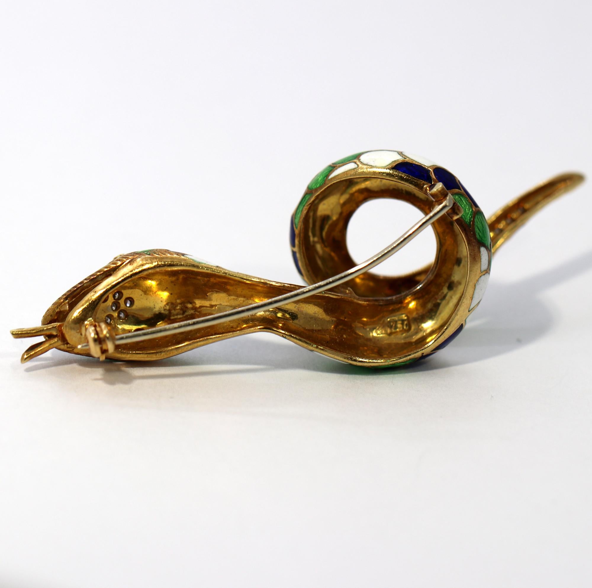 Round Cut Gold Snake Brooch with Three Colors of Enamel, Diamonds, and Rubies