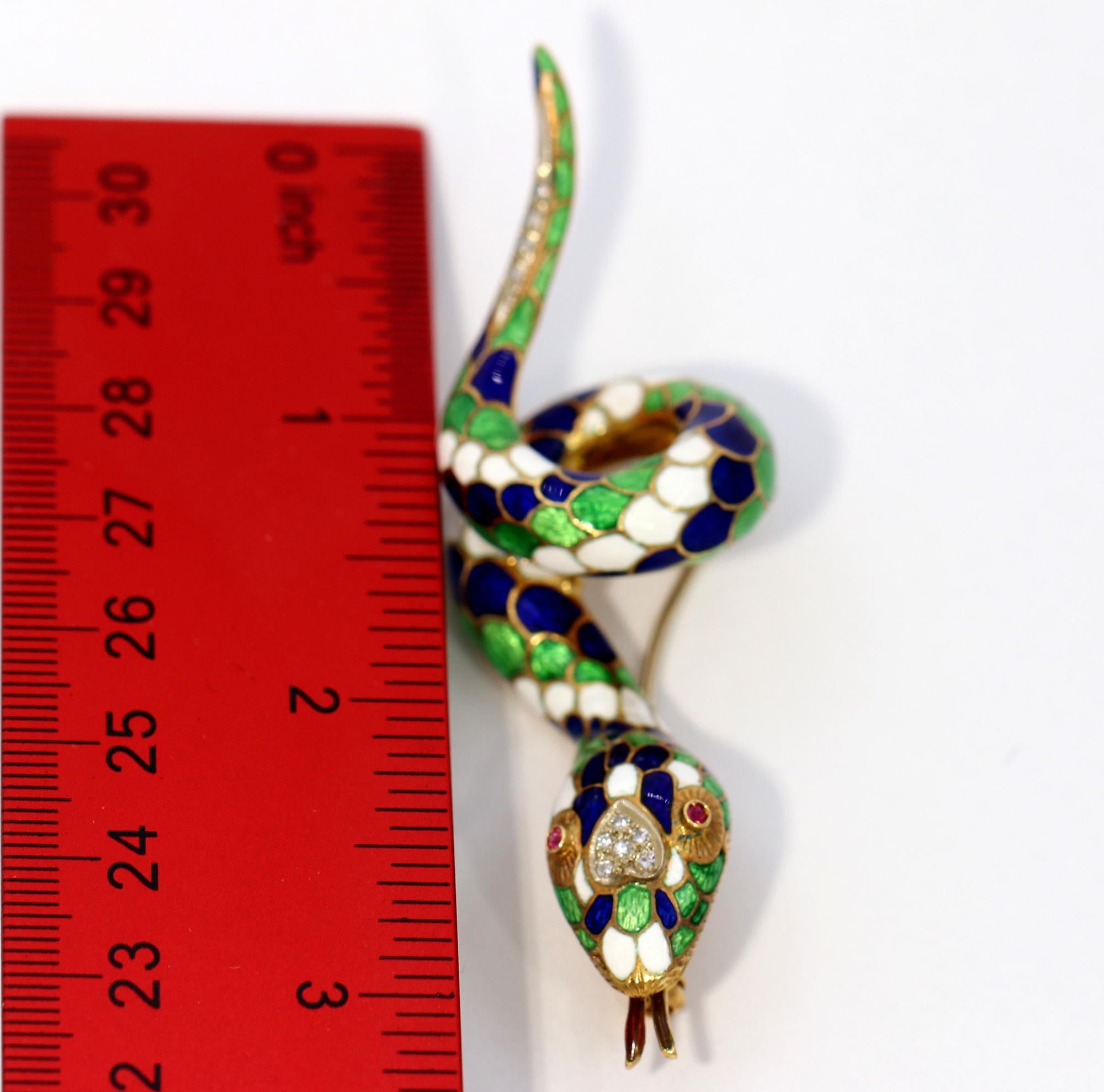 Gold Snake Brooch with Three Colors of Enamel, Diamonds, and Rubies In Excellent Condition In Palm Beach, FL