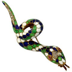 Gold Snake Brooch with Three Colors of Enamel, Diamonds, and Rubies