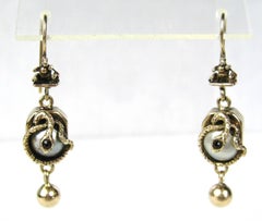 Gold Snake Drop Earrings 1860s Mabe Pearl Garnet 14 Karat