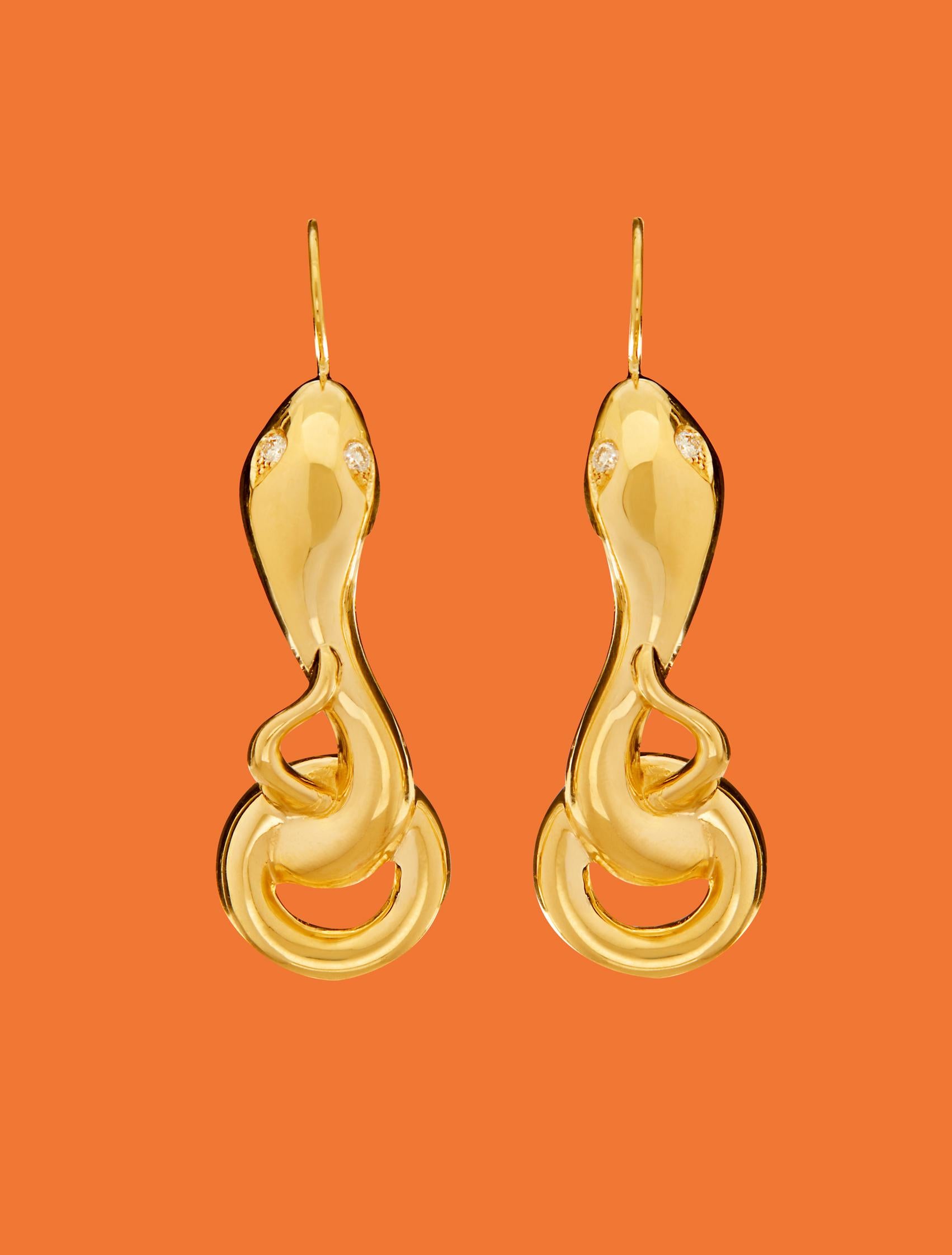 Gold Snake Earrings with 0.30 Carat Diamonds For Sale 2