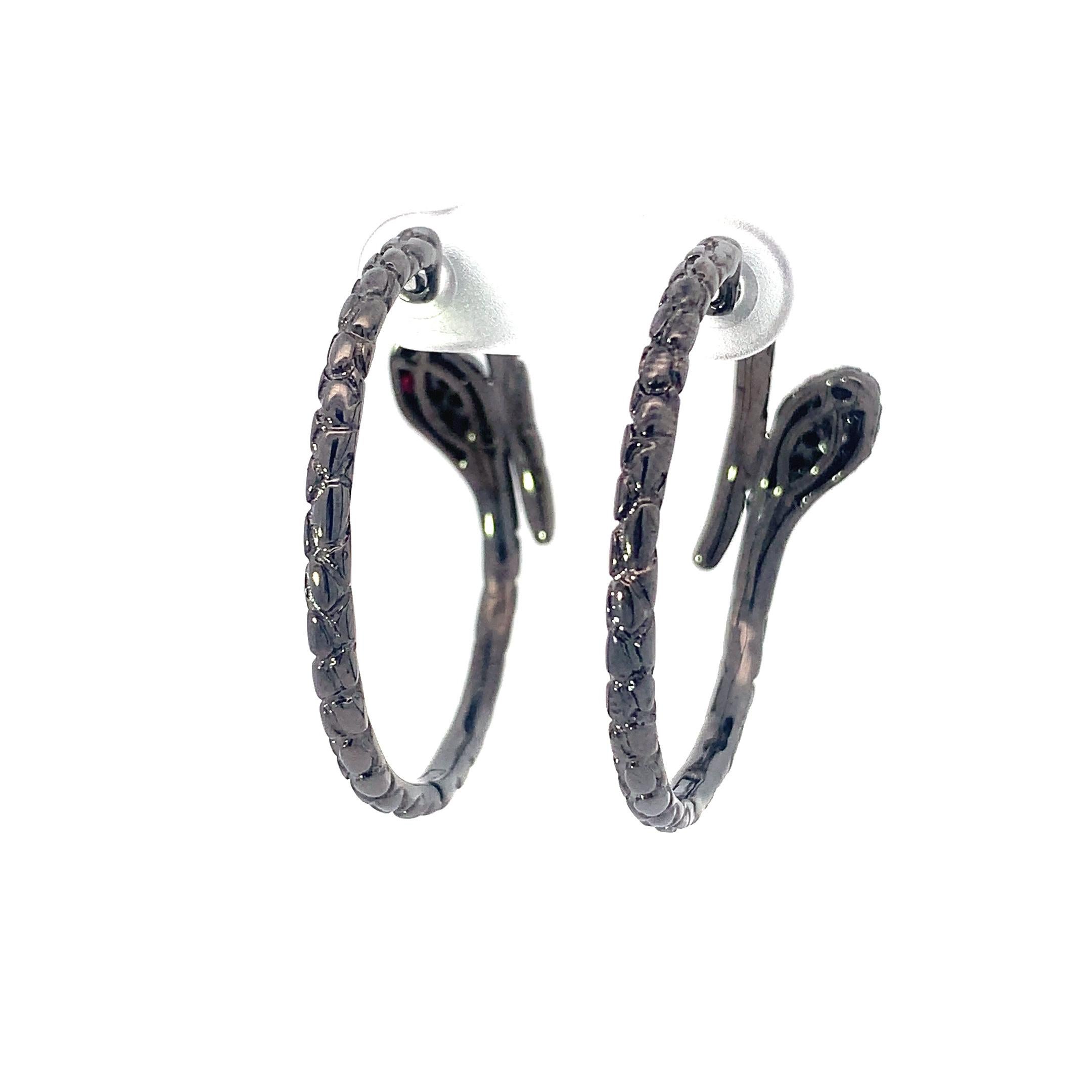 Round Cut Gold Snake Earrings with Black Diamond and Rubies For Sale