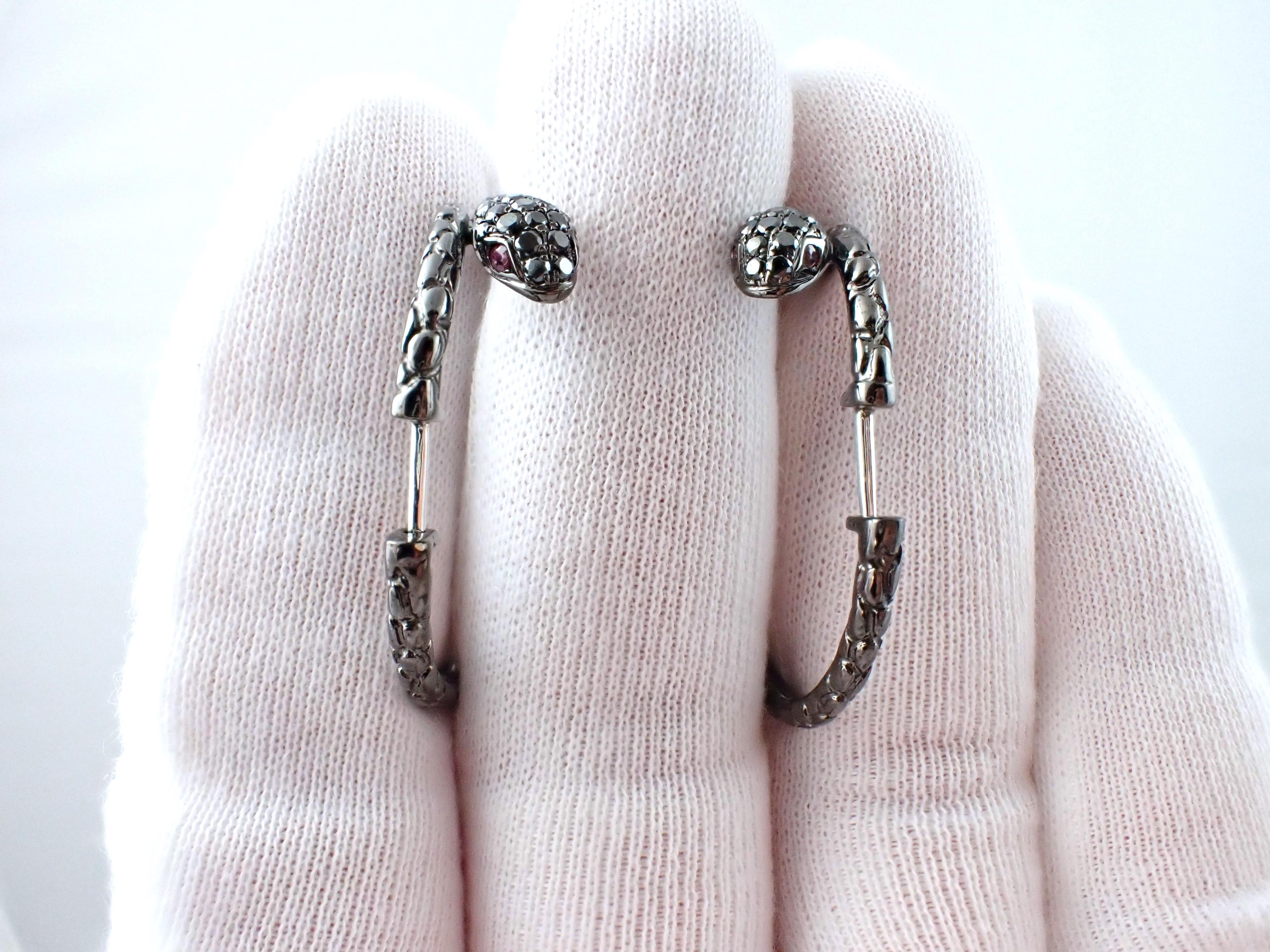 Women's Gold Snake Earrings with Black Diamond and Rubies For Sale