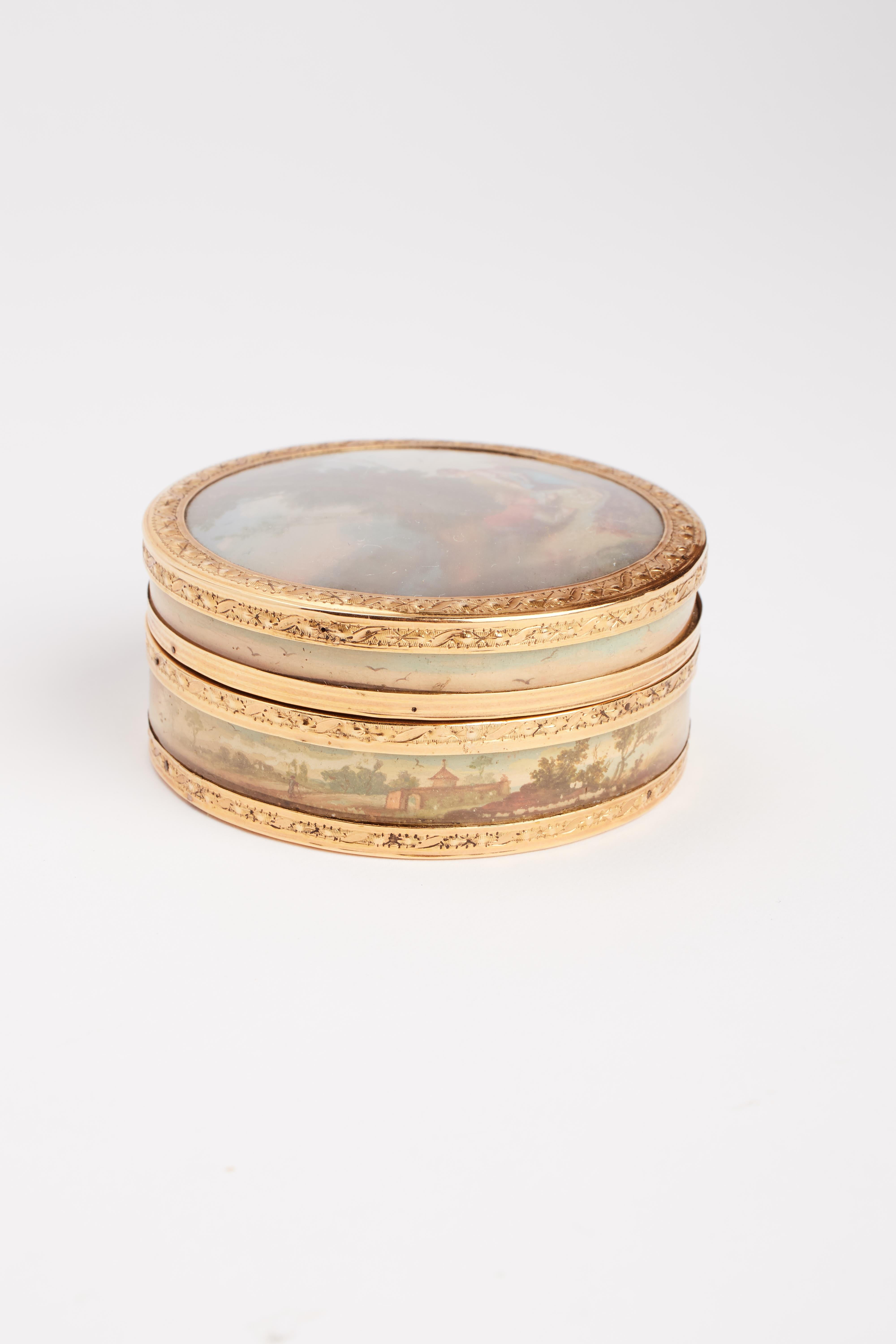 18th Century Gold snuffbox, guache, tortoiseshell, France 1784. For Sale