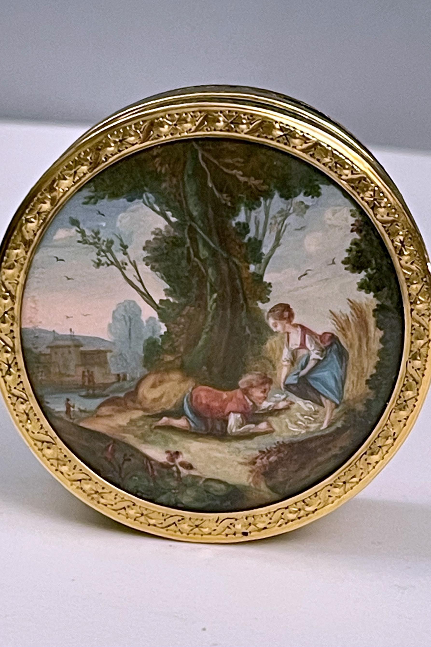 Goldschnupftabakdose, Guache, Schildkrötenpanzer, Frankreich 1784. im Angebot 1