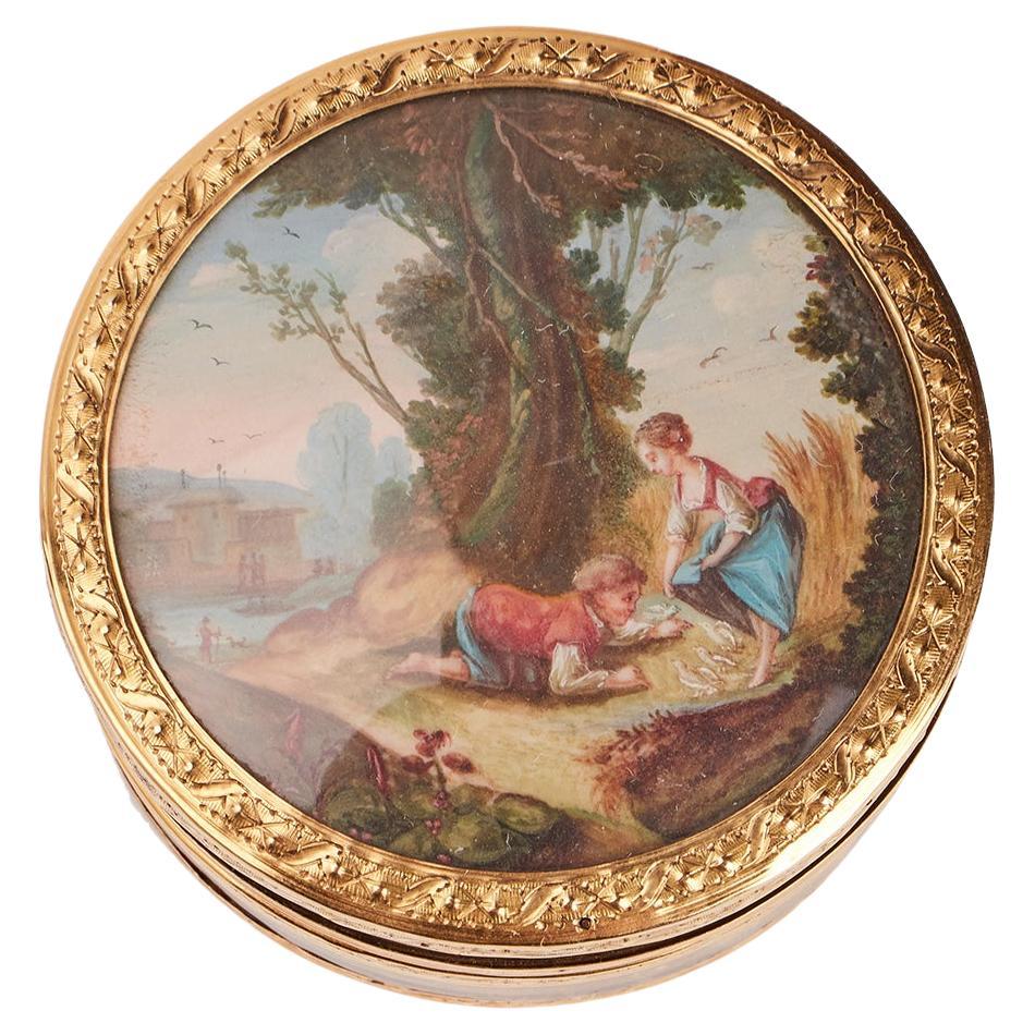 Gold snuffbox, guache, tortoiseshell, France 1784. For Sale