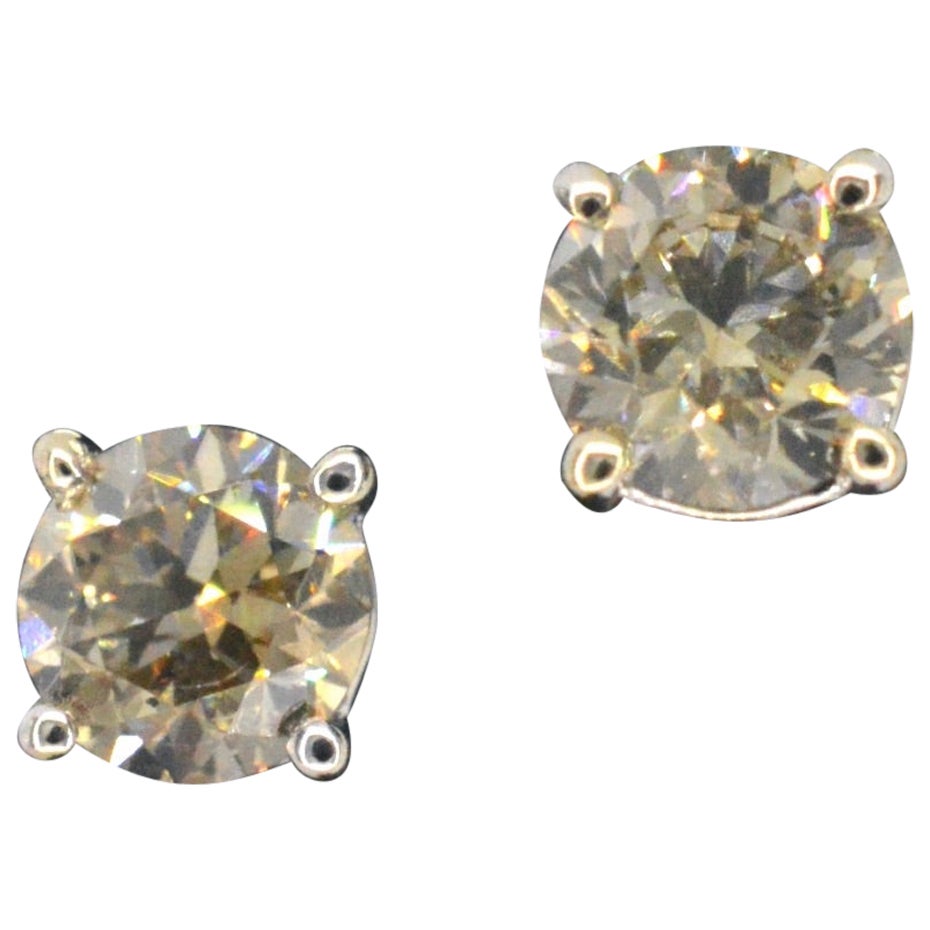 18K Gold Contemporary Champagne Diamond Stud Earrings, 2.00 Carat