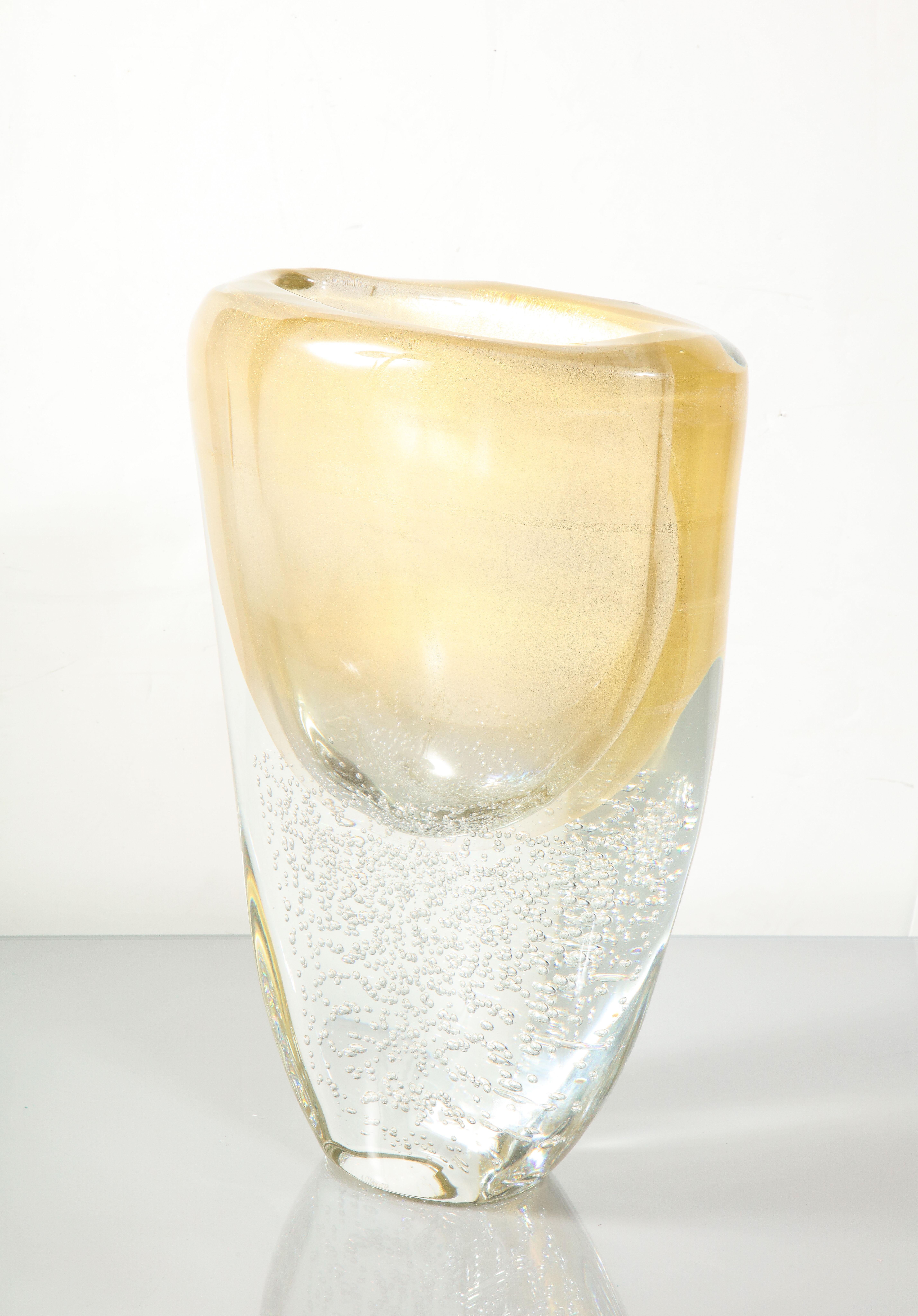 Tall Sommerso Italian Murano glass vase with seedy air bubbles and 24 karat gold immersion. Size, shape and color of each vase may slightly vary due to a nature of hand-blown, handmade process. Availability of this item varies. Please inquire with